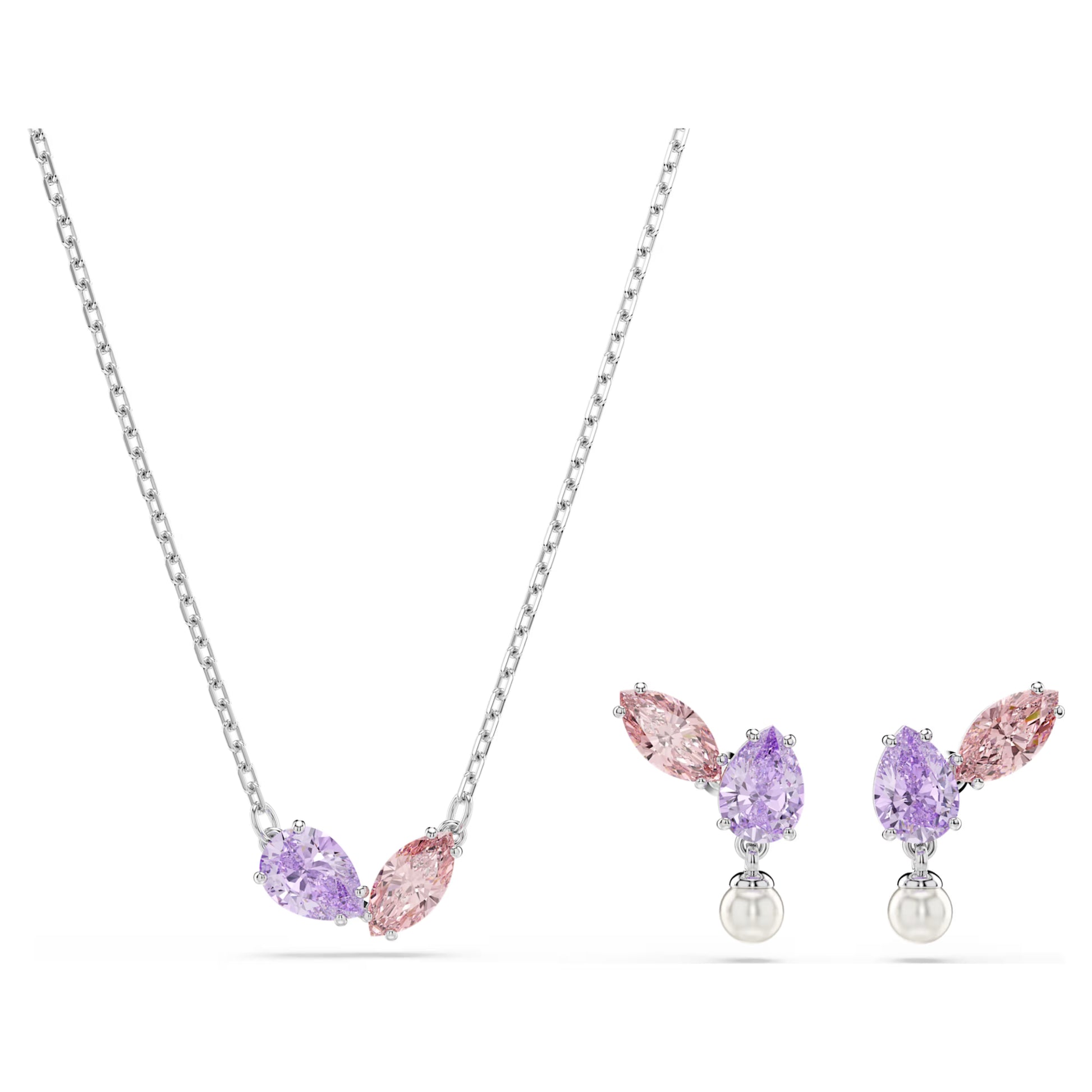 Swarovski Ariana Grande x Swarovski Necklace & Earrings Set with Multicoloured Mixed-Cuts & Pearl in Rhodium Silver