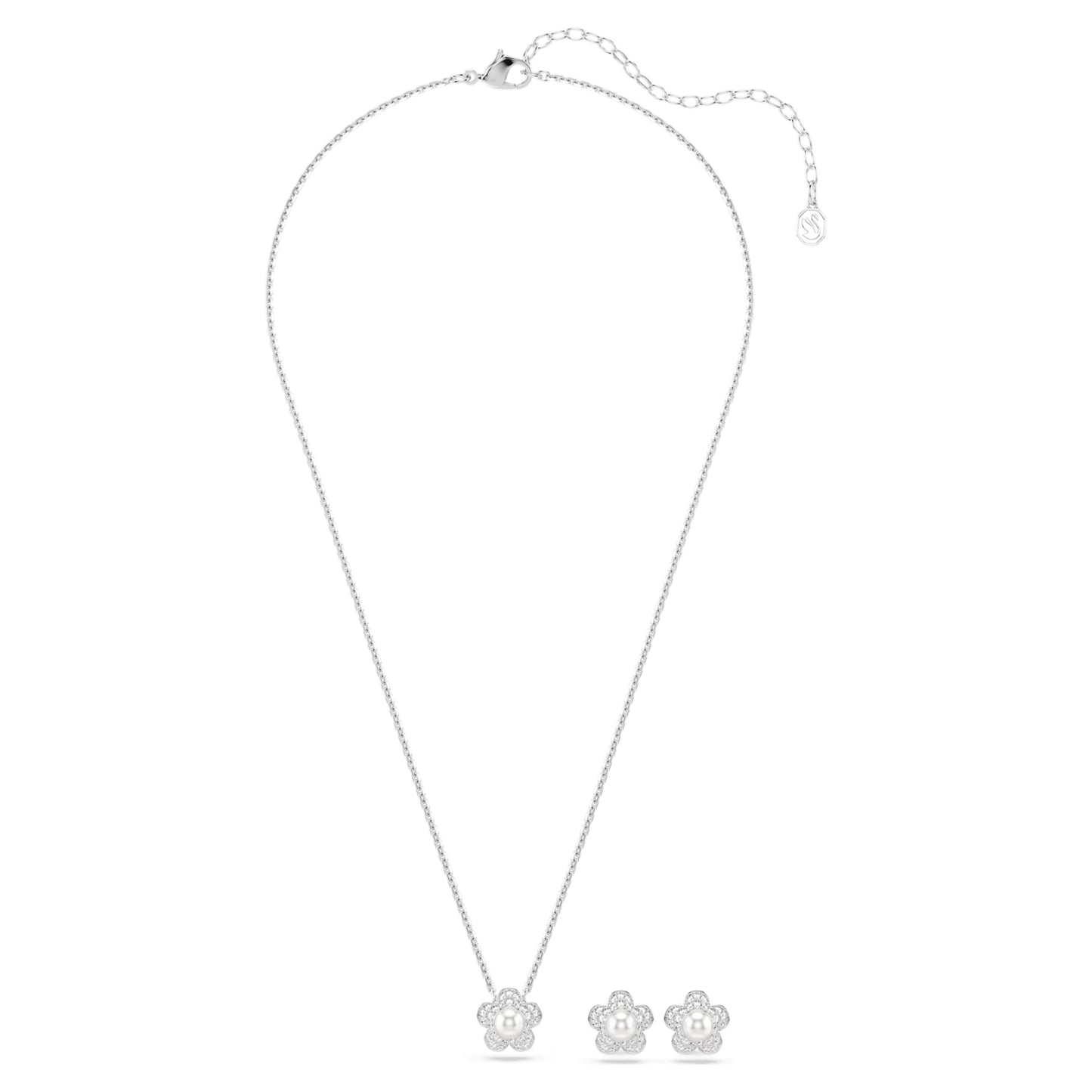 Ariana Grande x Swarovski Flower Necklace & Earrings Set with Round-Cuts & Pearl in Rhodium Silver