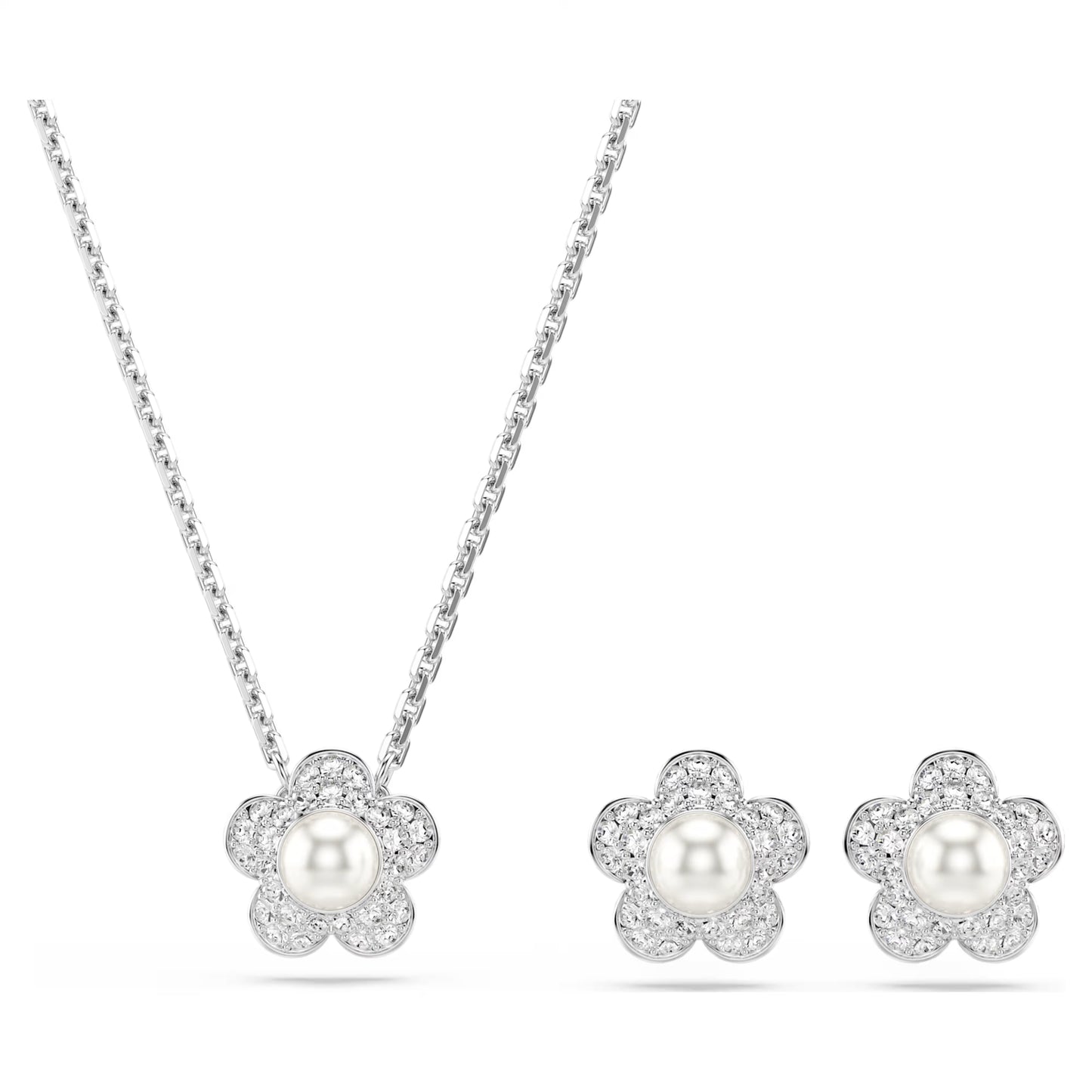 Ariana Grande x Swarovski Flower Necklace & Earrings Set with Round-Cuts & Pearl in Rhodium Silver