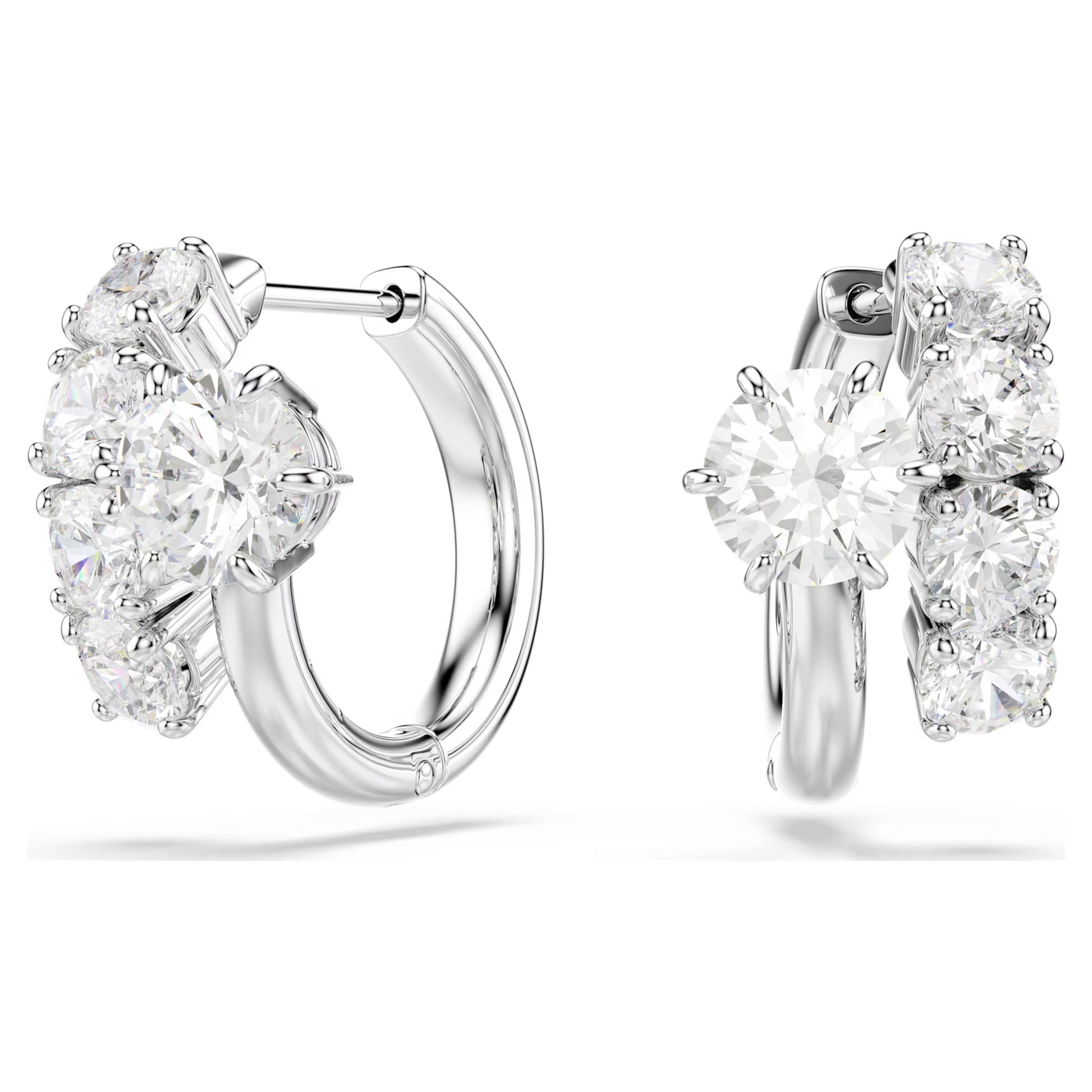 Swarovski Matrix Hoop Earrings with Round-Cut White Crystal in Rhodium Silver