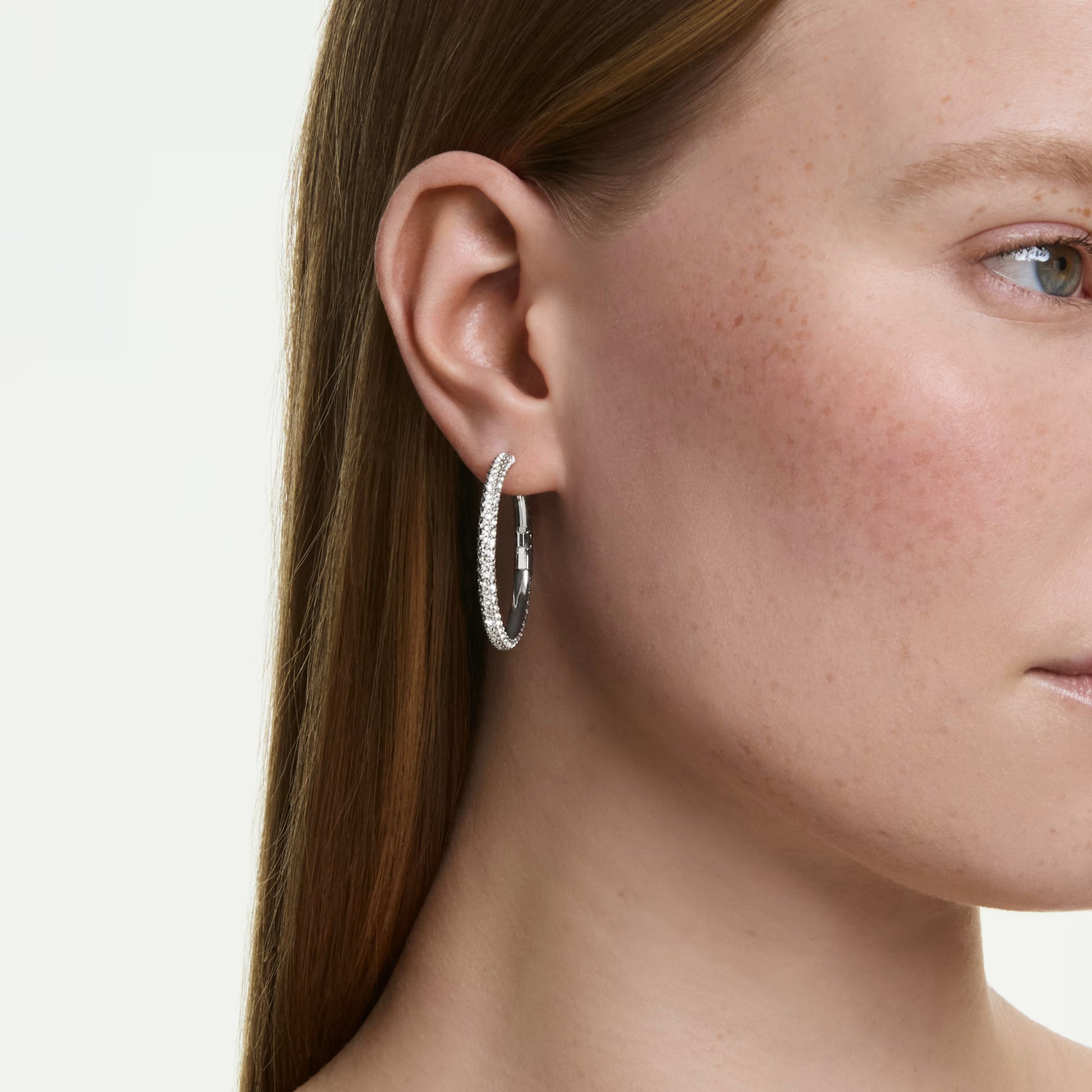 Swarovski Dextera Hoop Earrings with Round-Cut White Crystal in Rhodium Silver