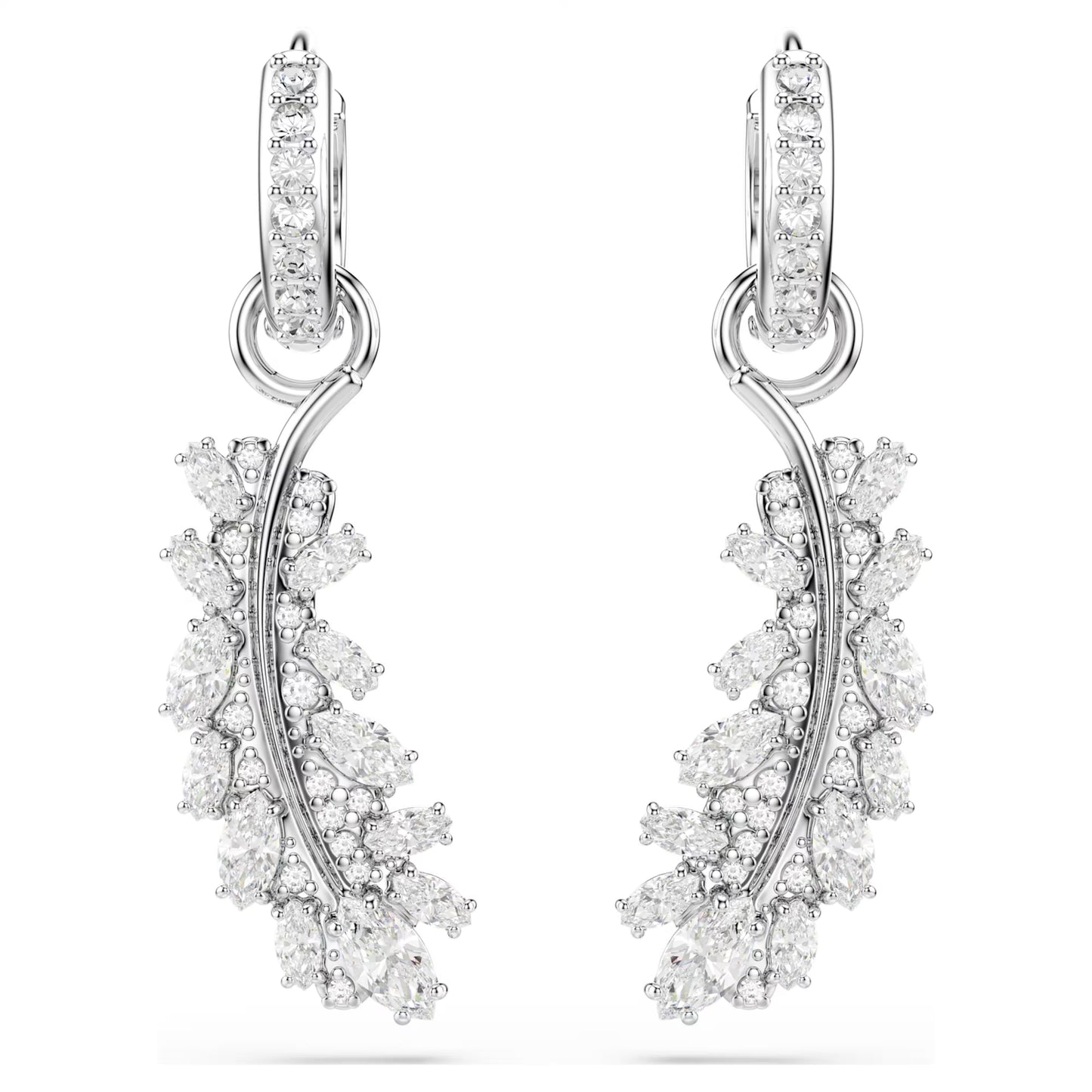Vienna Feather Earrings with Mixed-Cut White Crystal in Rhodium Silver
