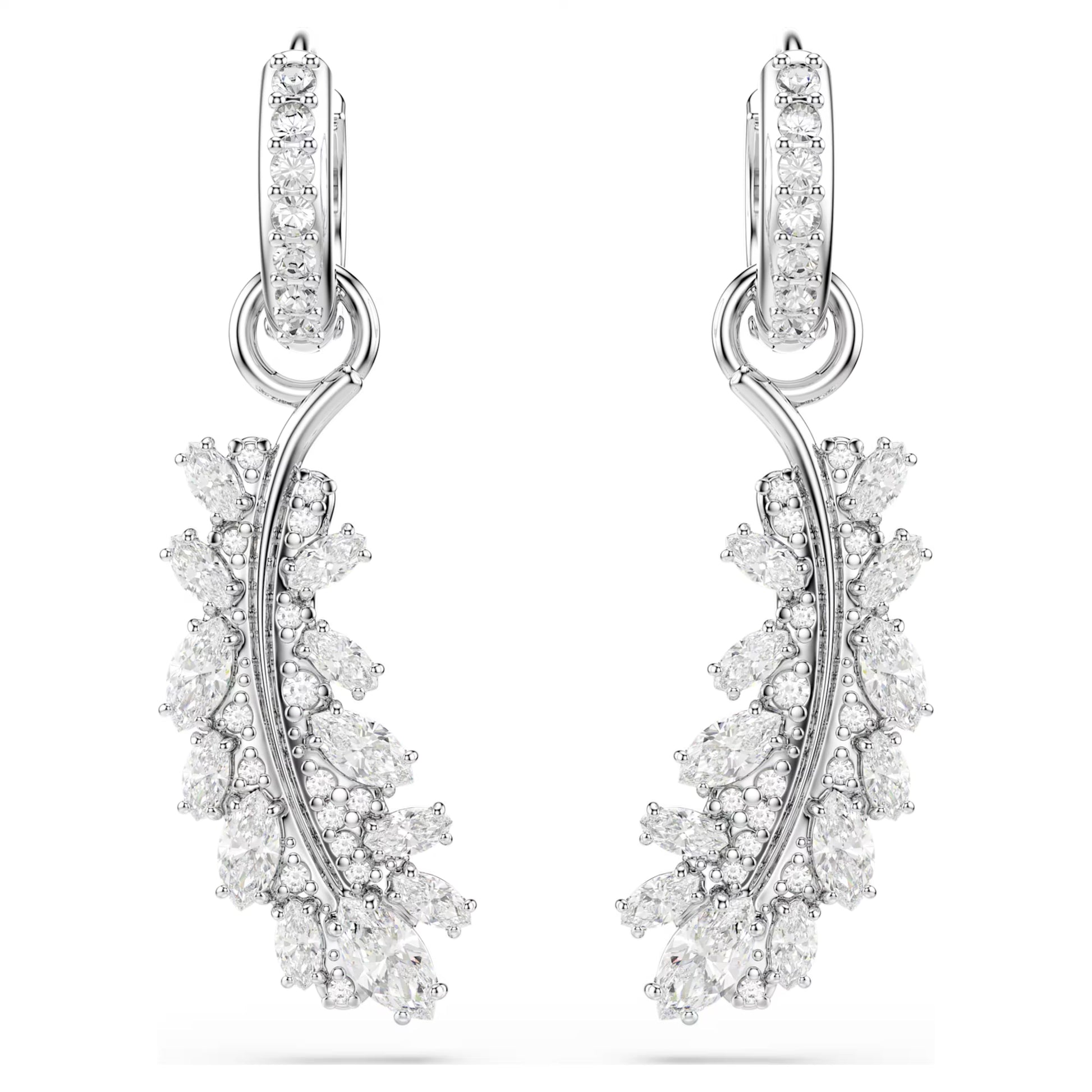 Swarovski Vienna Feather Earrings with Mixed-Cut White Crystal in Rhodium Silver