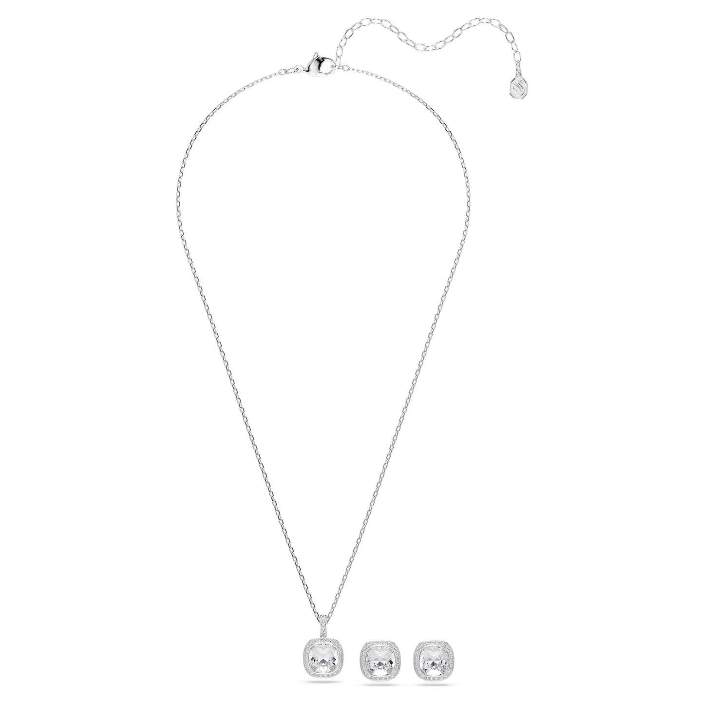 Una Angelic Necklace & Earrings Set with Cushion-Cut White Crystal in Rhodium Silver