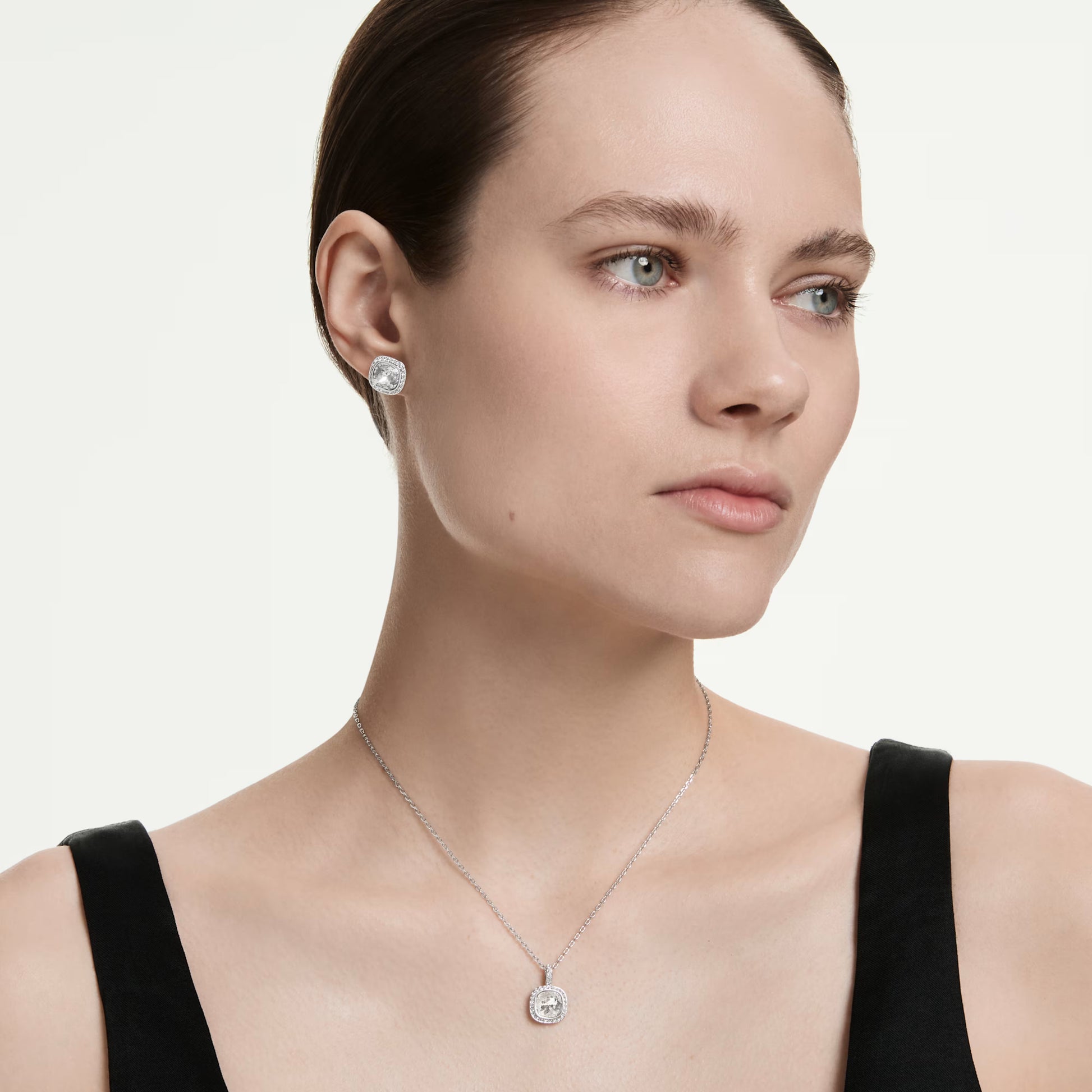 Swarovski Una Angelic Necklace & Earrings Set with Cushion-Cut White Crystal in Rhodium Silver
