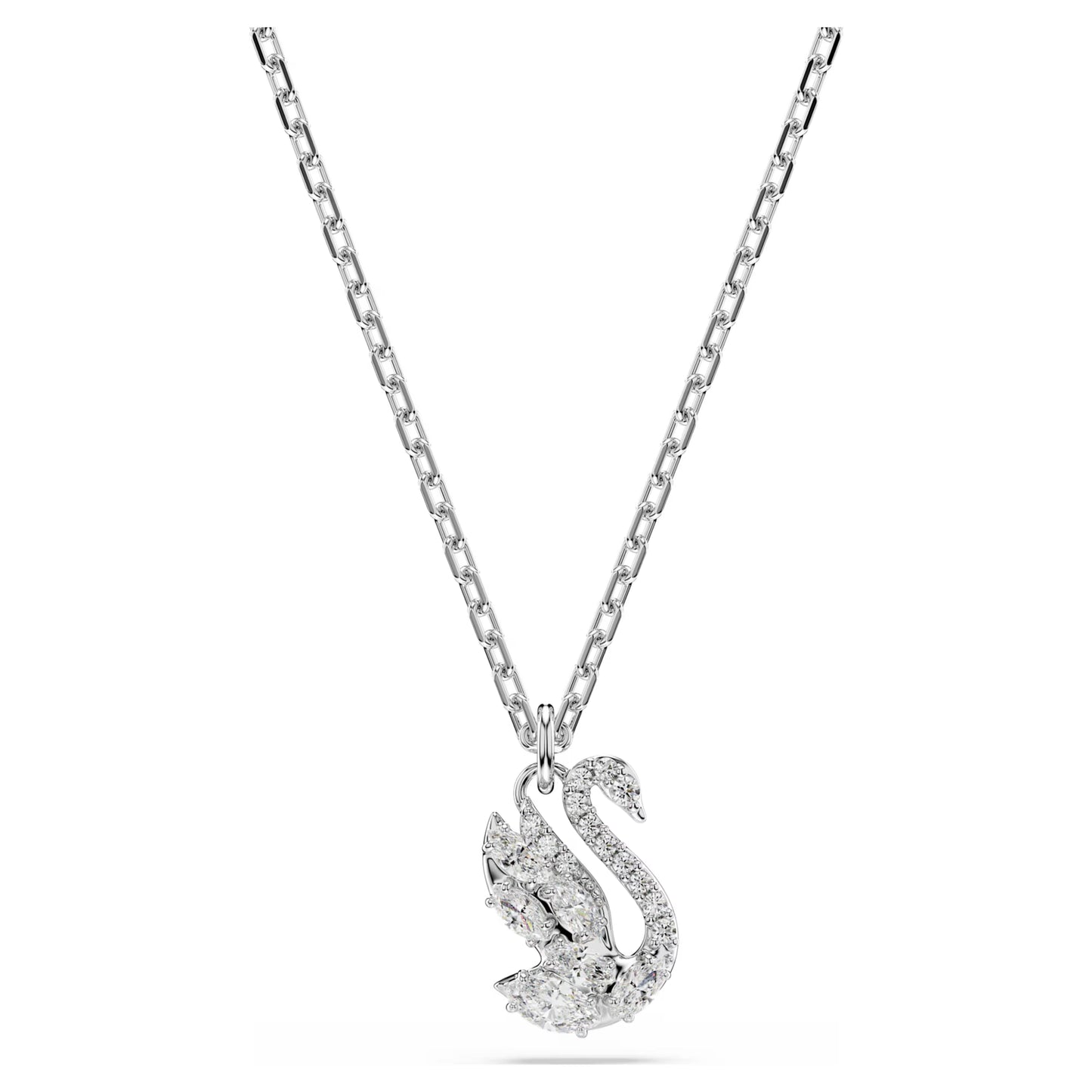 Swan Pendant Necklace with Mixed-Cut White Crystal in Rhodium Silver