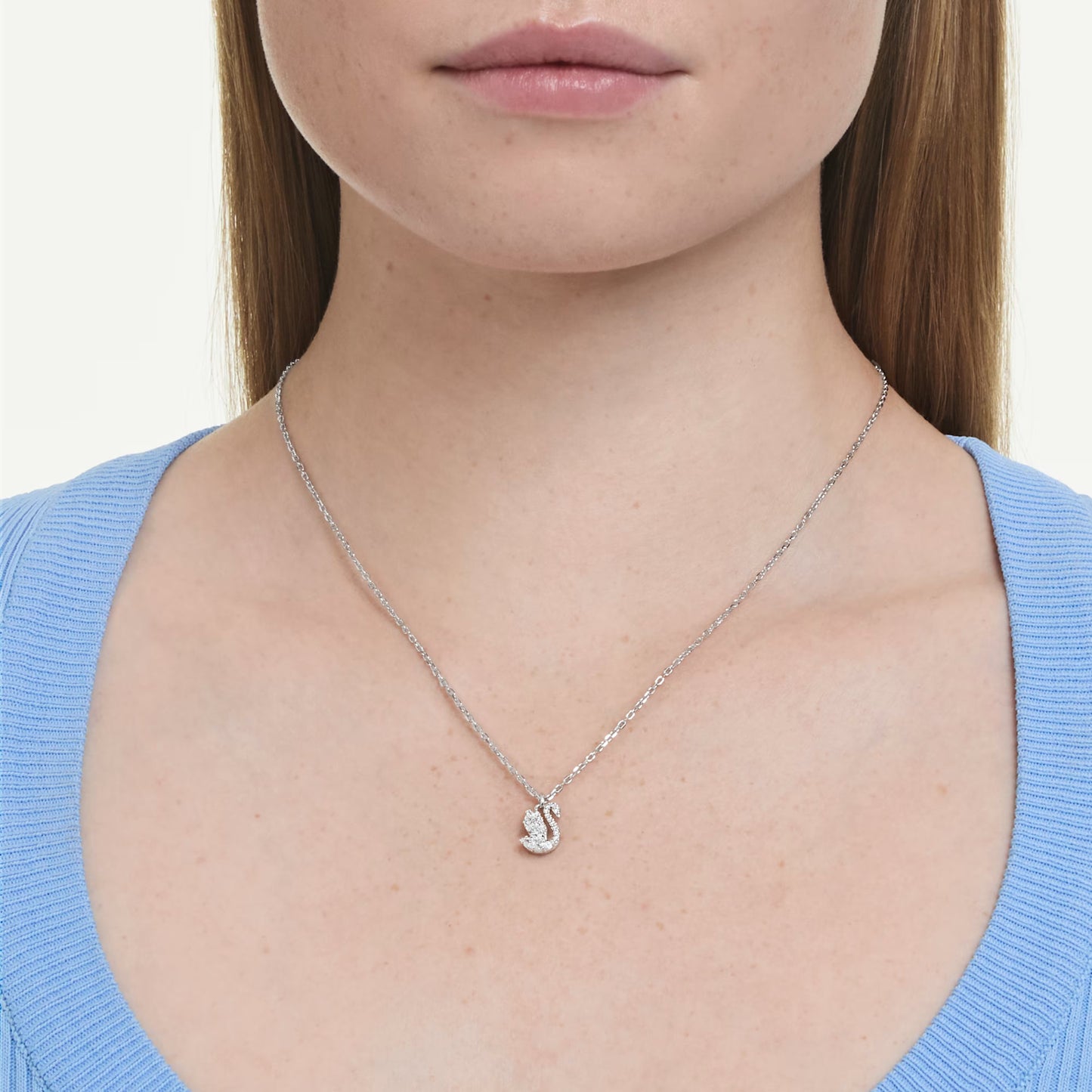 Swan Pendant Necklace with Mixed-Cut White Crystal in Rhodium Silver
