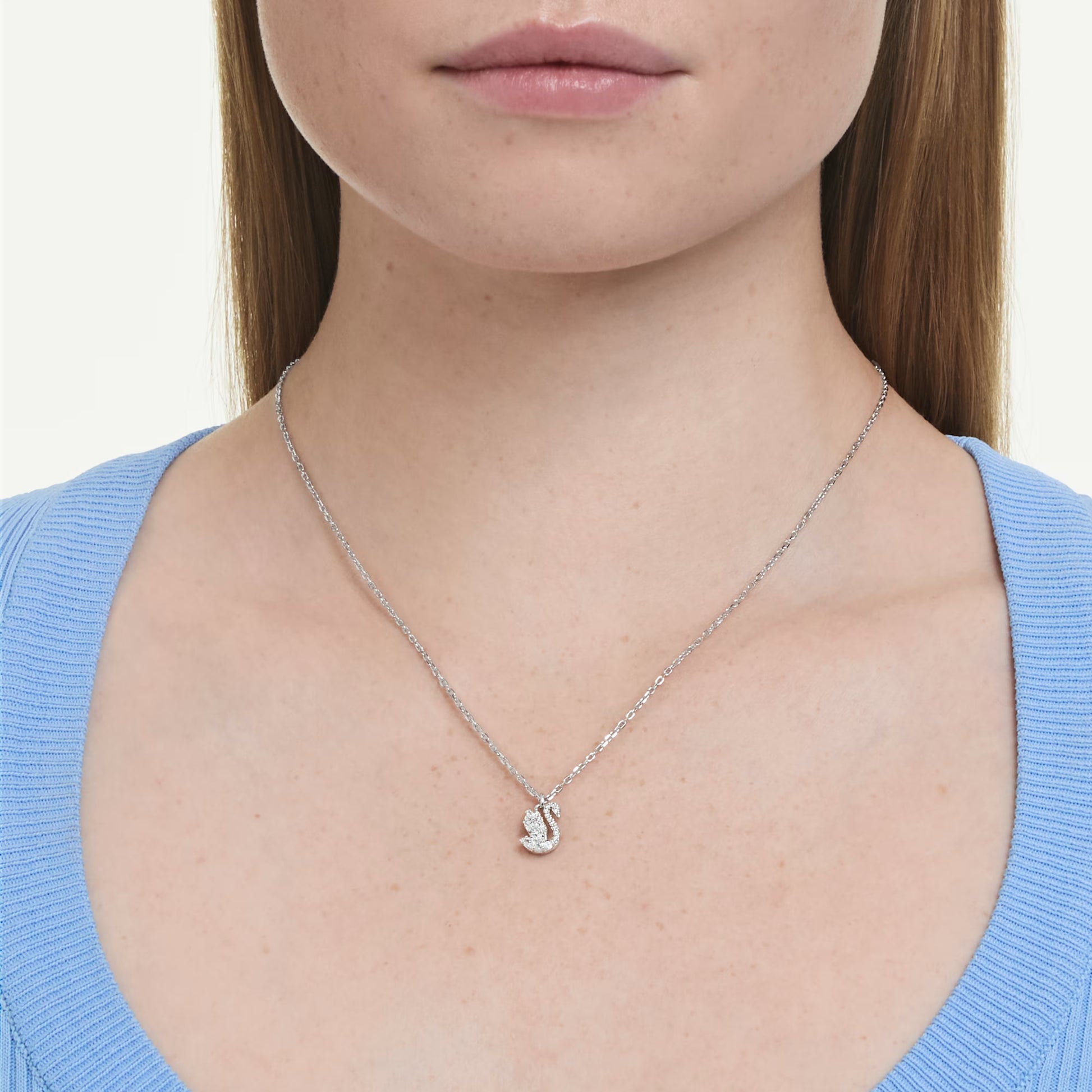 Swarovski Swan Pendant Necklace with Mixed-Cut White Crystal in Rhodium Silver