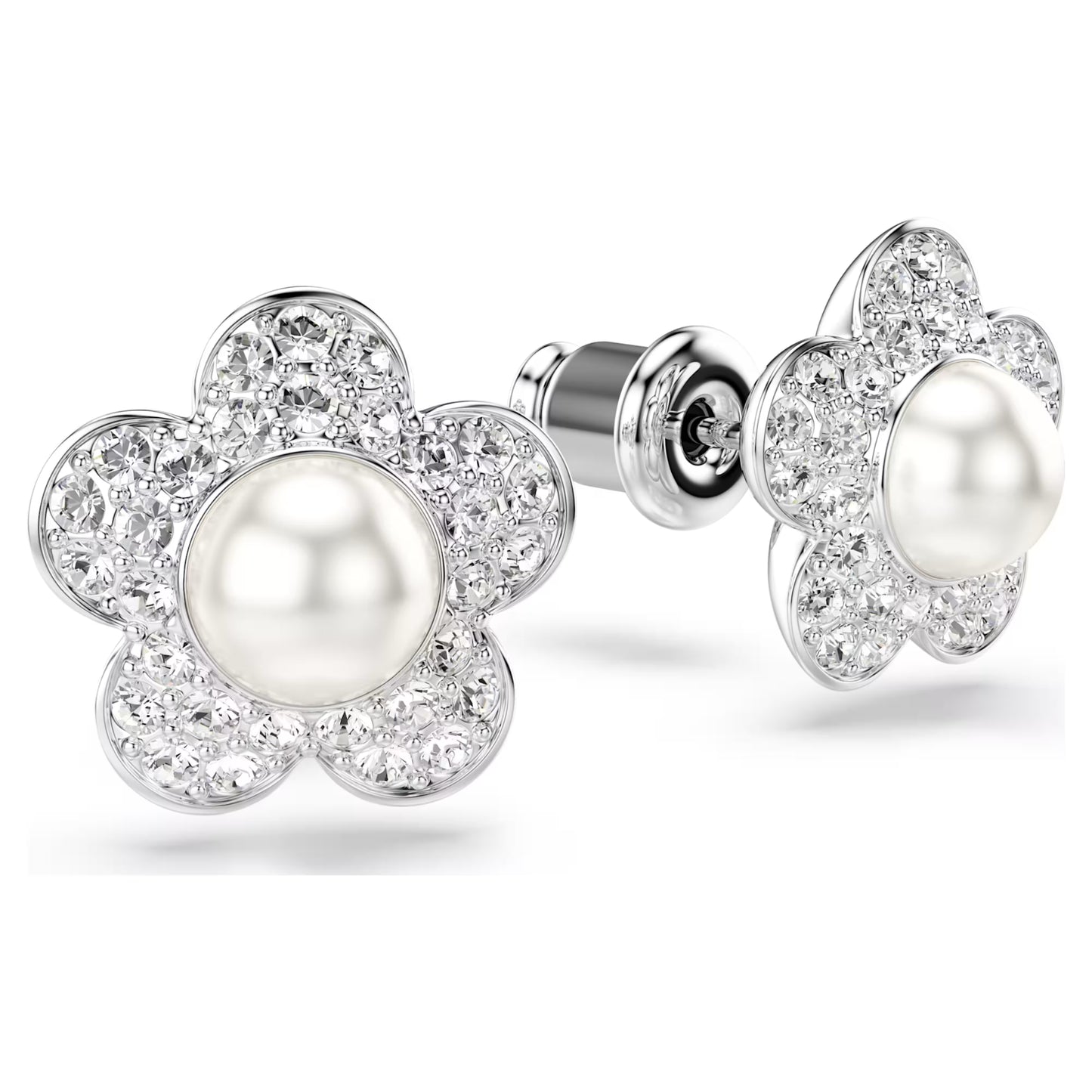 Swarovski Ariana Grande x Swarovski Flower Stud Earrings with Round-Cut Crystal & Pearl in Rhodium Silver