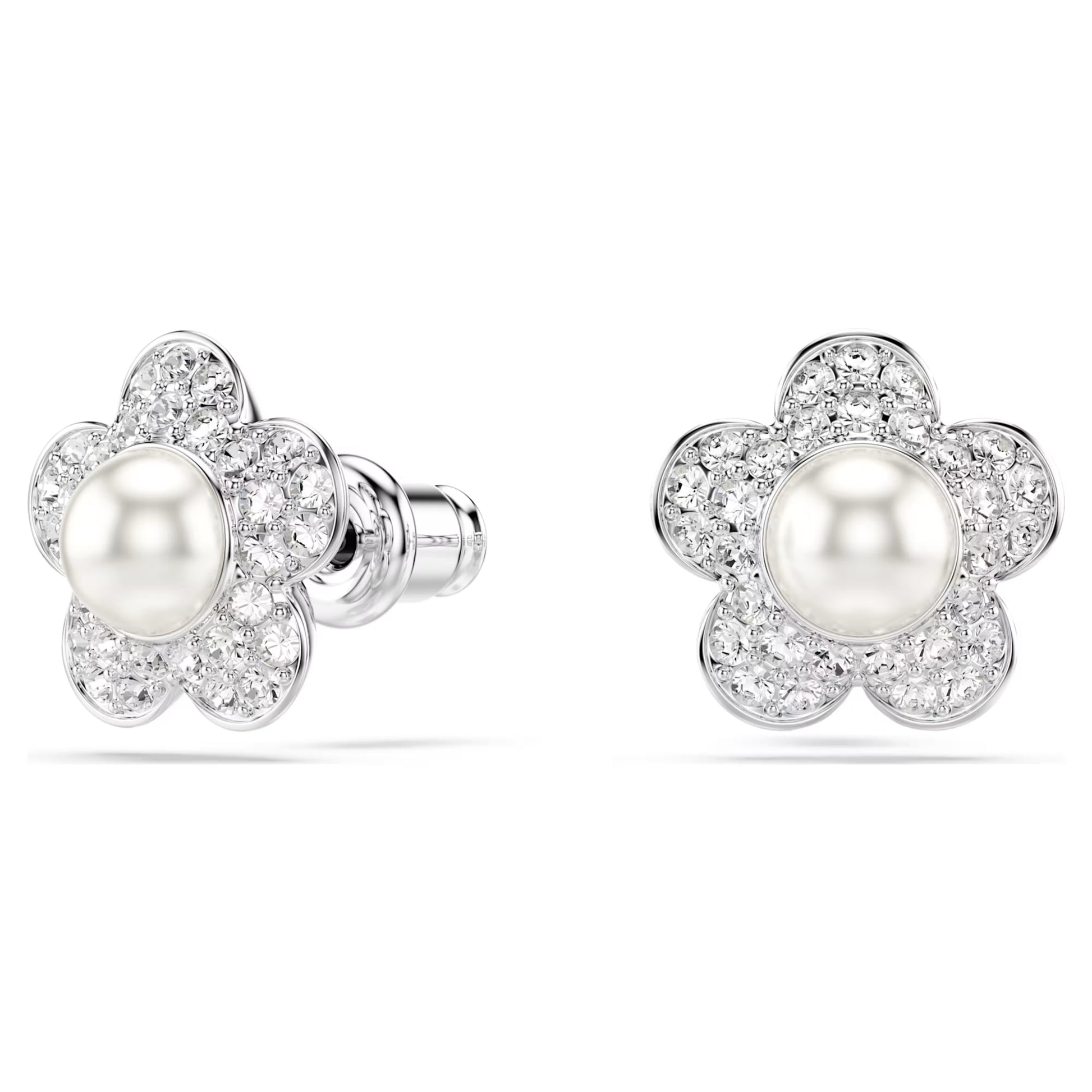Swarovski Ariana Grande x Swarovski Flower Stud Earrings with Round-Cut Crystal & Pearl in Rhodium Silver