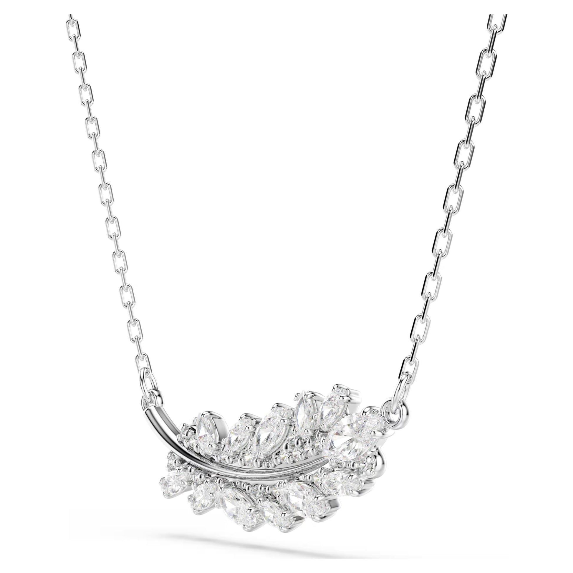 Swarovski Vienna Feather Pendant Necklace with Mixed-Cut White Crystal in Rhodium Silver