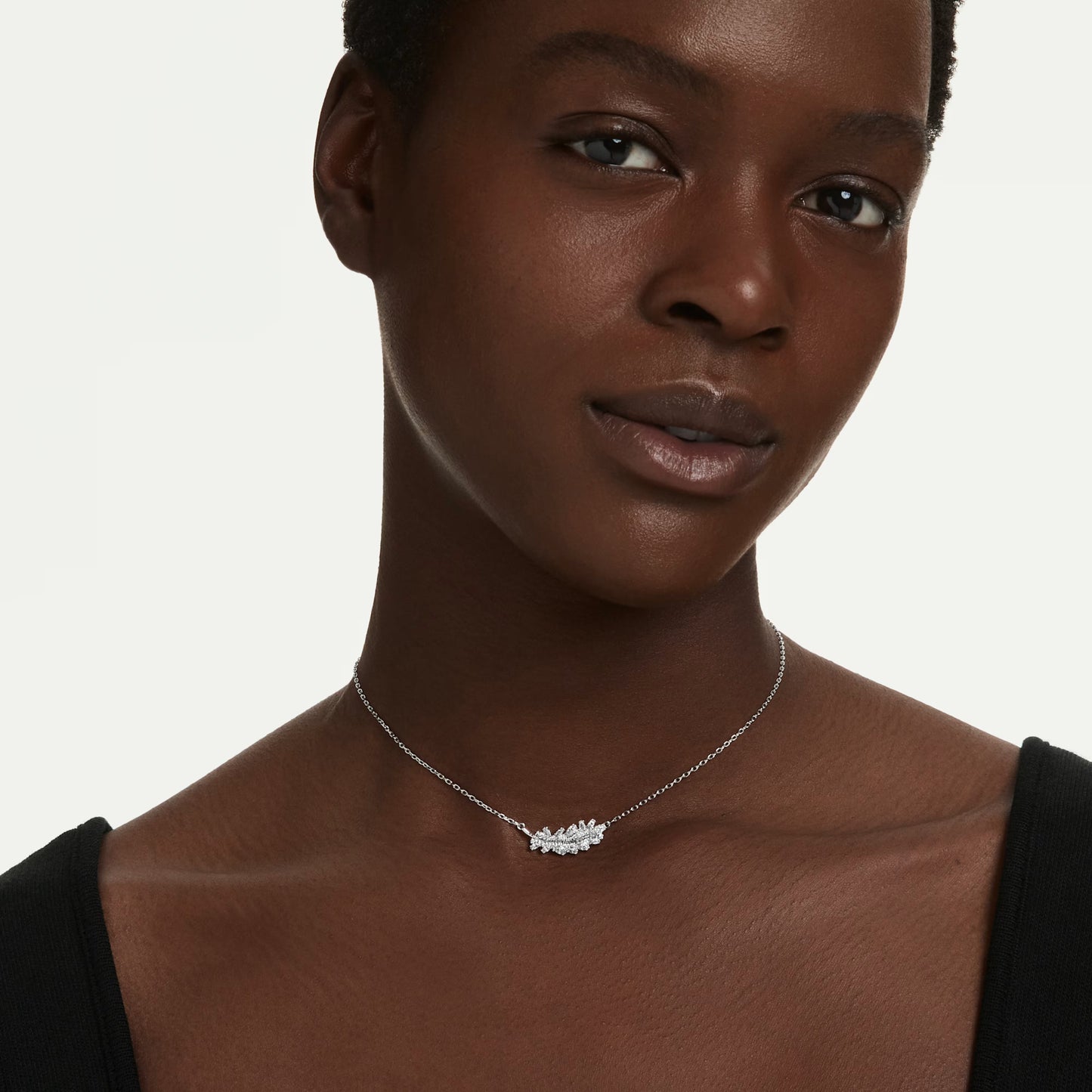 Vienna Feather Pendant Necklace with Mixed-Cut White Crystal in Rhodium Silver