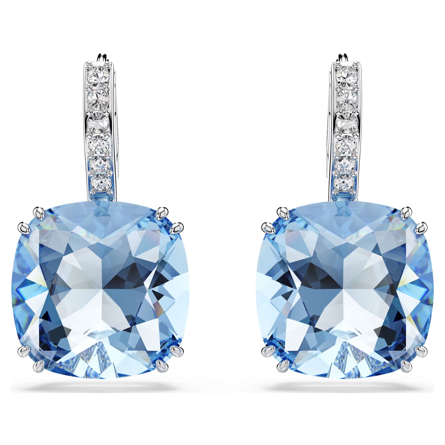 Millenia Drop Earrings with Cushion-Cut Blue Crystal in Rhodium Silver