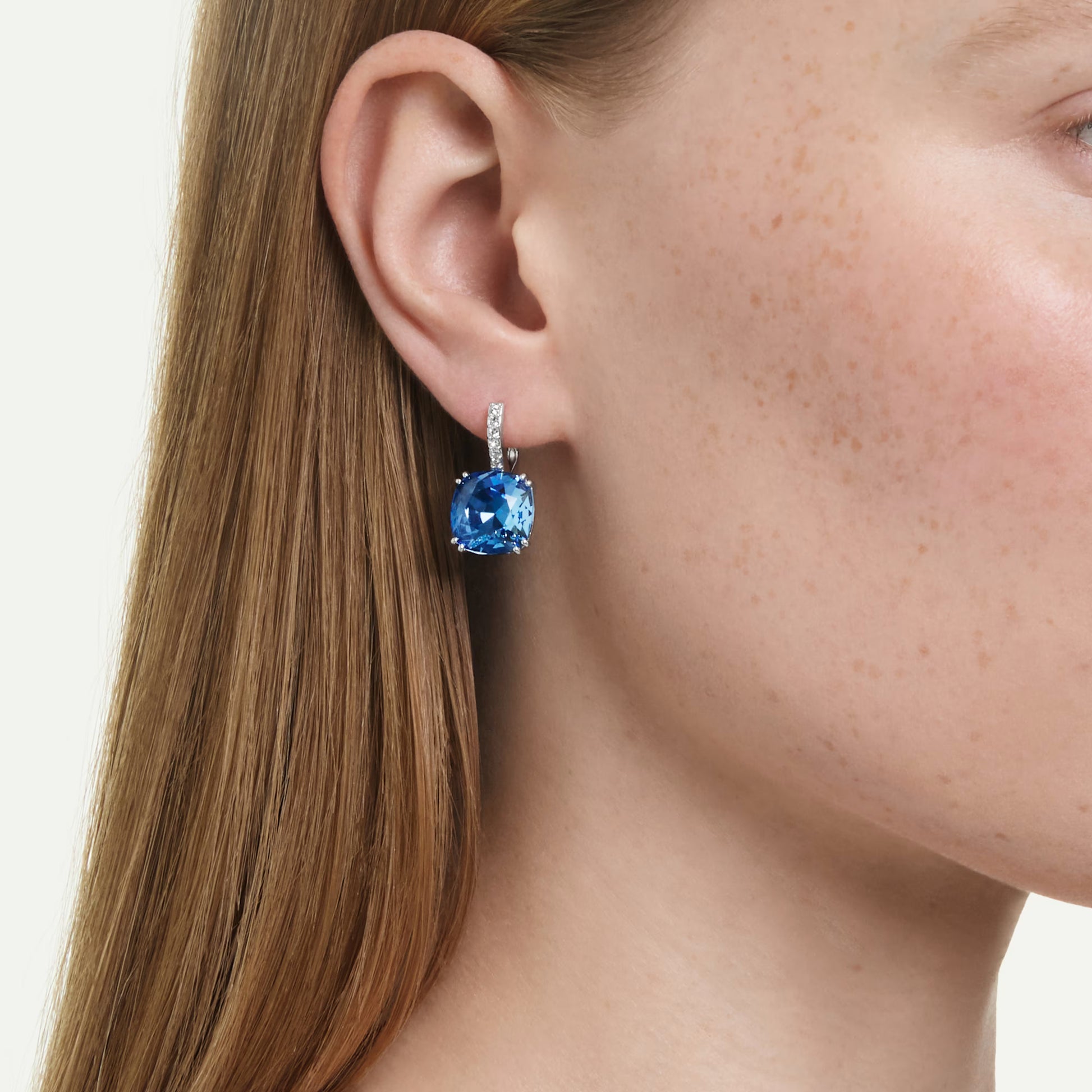 Swarovski Millenia Drop Earrings with Cushion-Cut Blue Crystal in Rhodium Silver