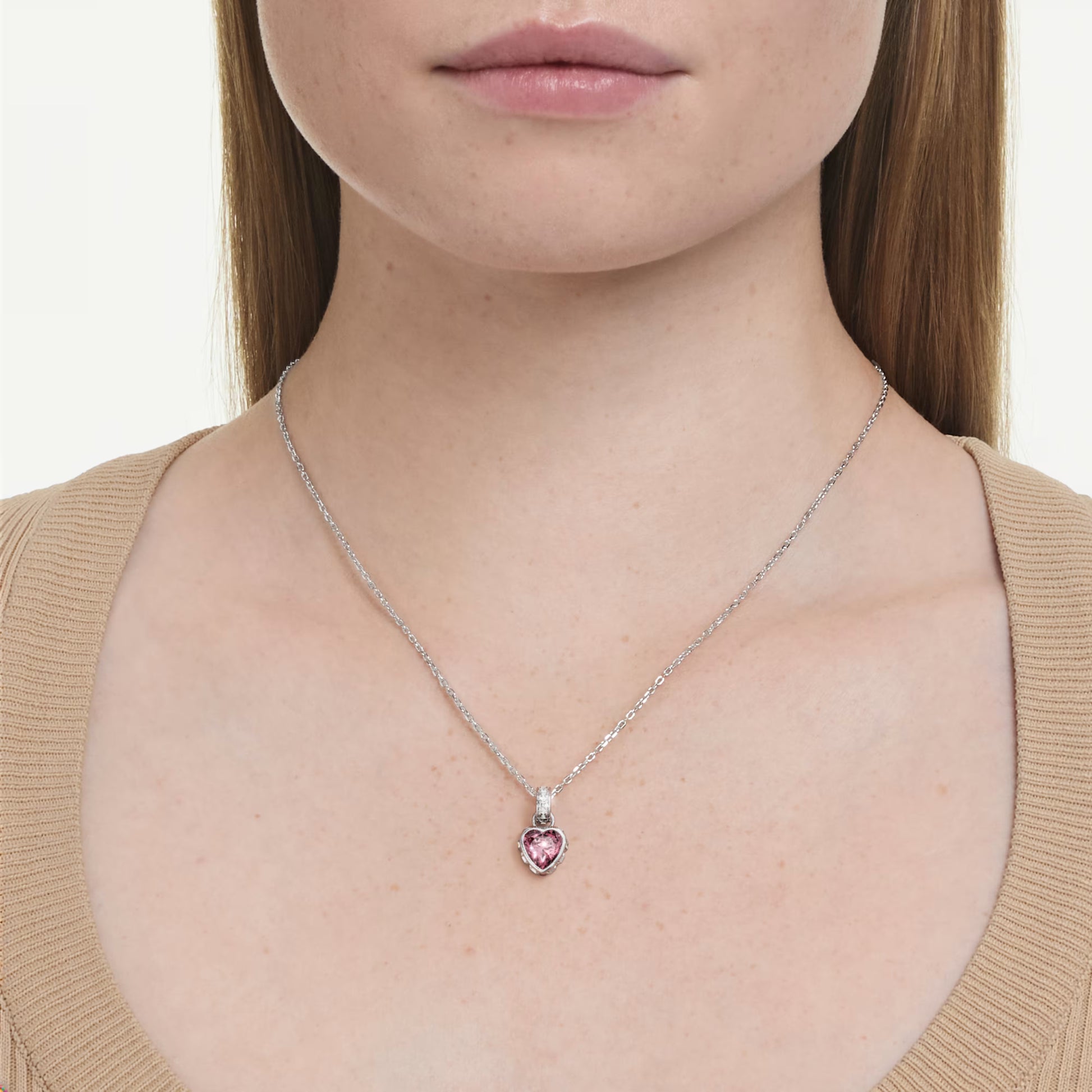 Swarovski Chroma Heart Pendant Necklace with Mixed-Cut Pink Crystal in Rhodium Silver