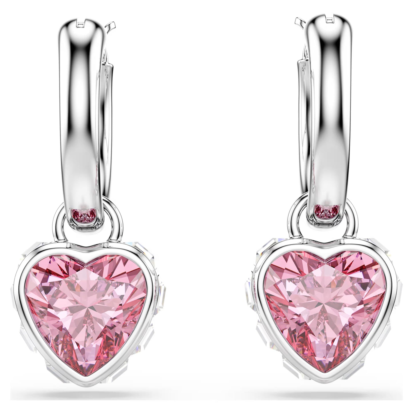 Chroma Heart Drop Earrings with Pink Crystal in Rhodium Silver