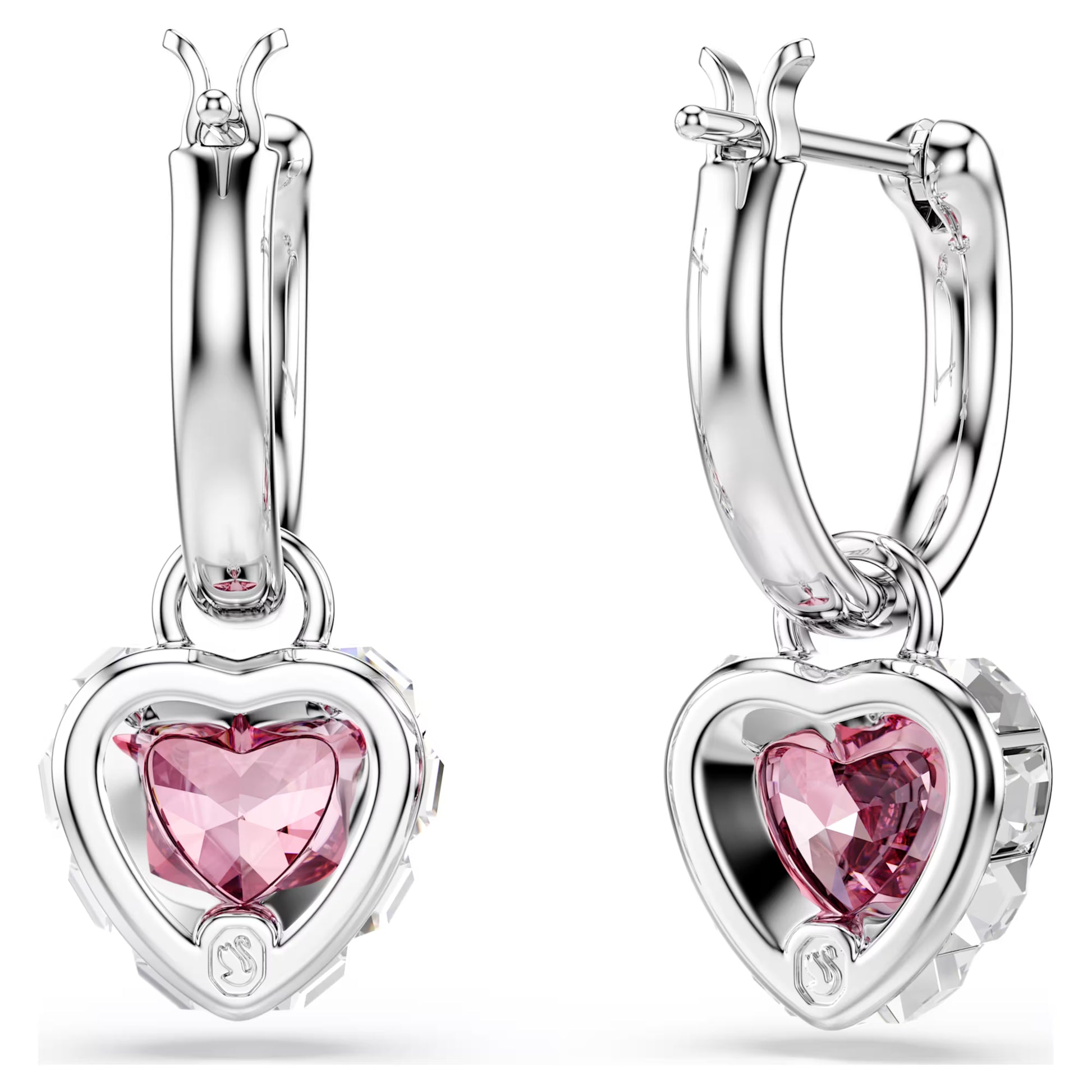 Swarovski Chroma Heart Drop Earrings with Pink Crystal in Rhodium Silver