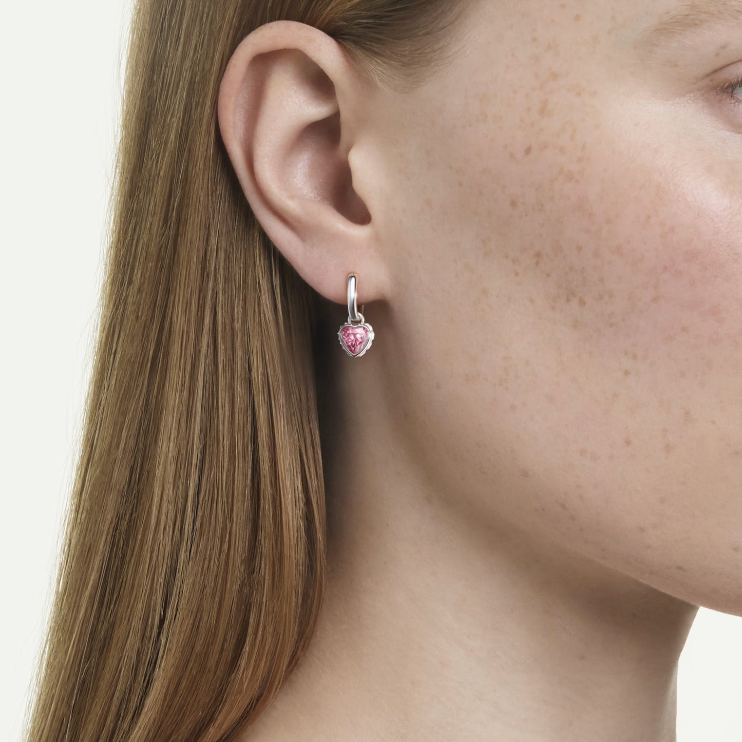 Chroma Heart Drop Earrings with Pink Crystal in Rhodium Silver