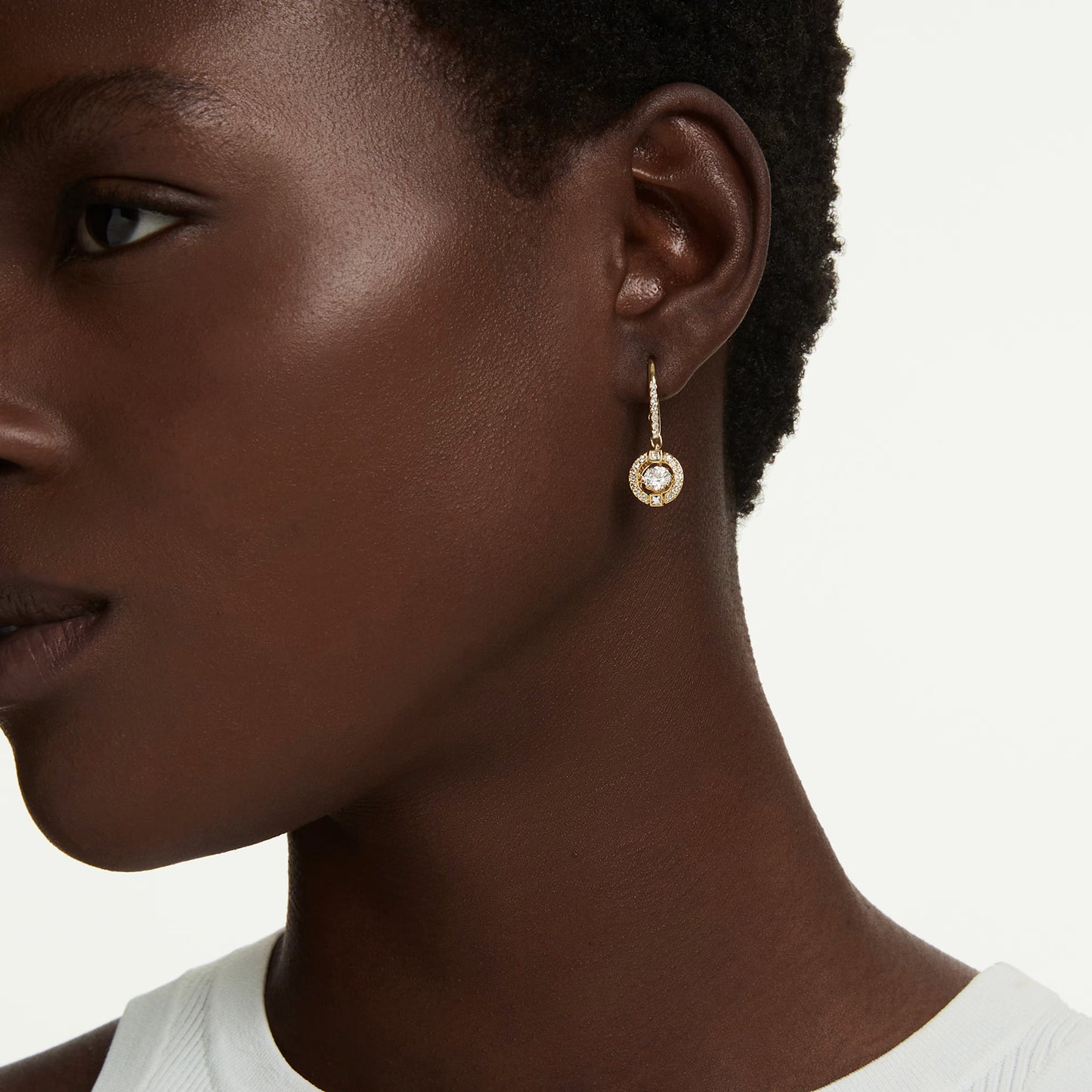 Una Angelic Drop Earrings with Round Cut White Crystal in 18ct Yellow Gold Finish