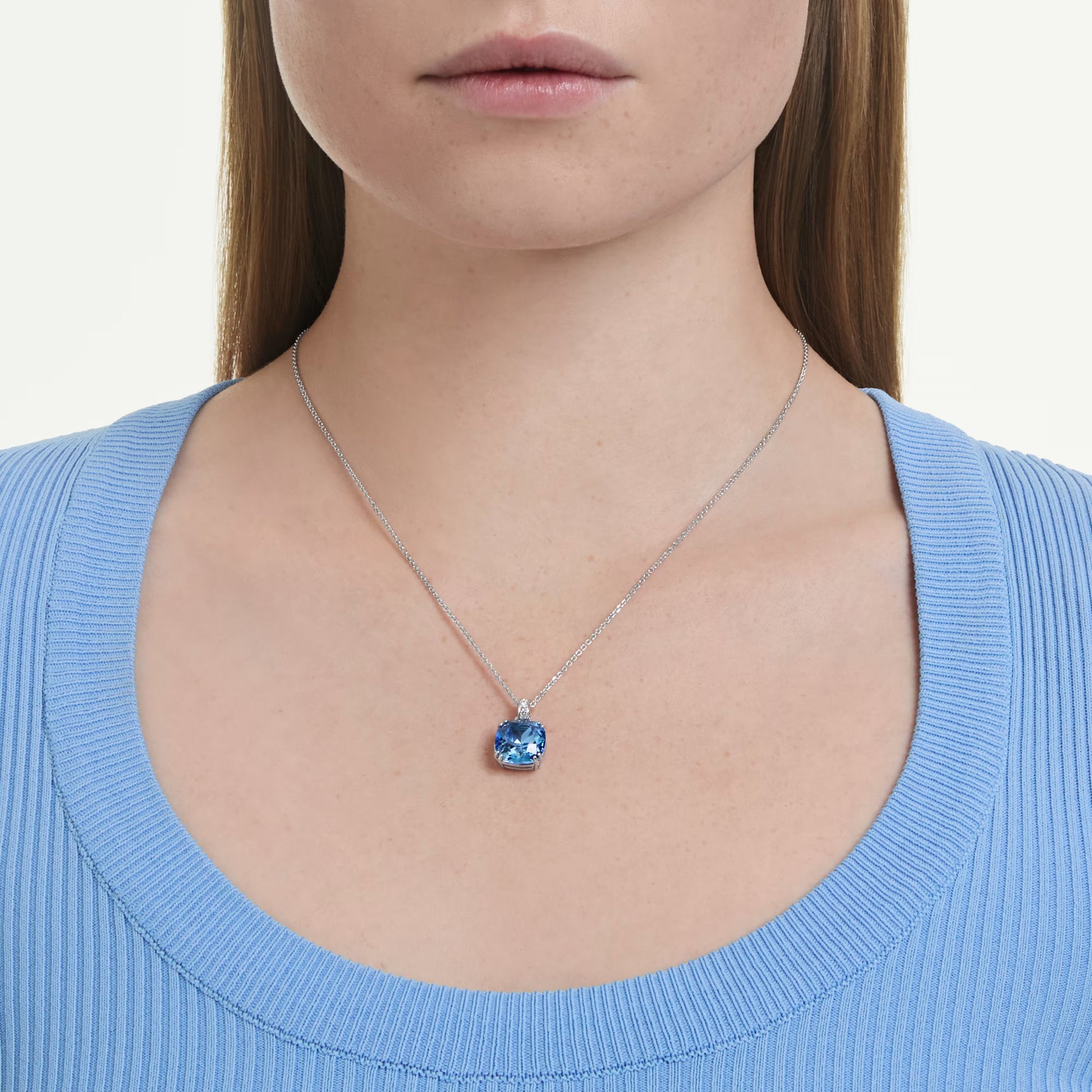 Swarovski Millenia Pendant Necklace with Cushion-Cut Blue Crystal in Rhodium Silver