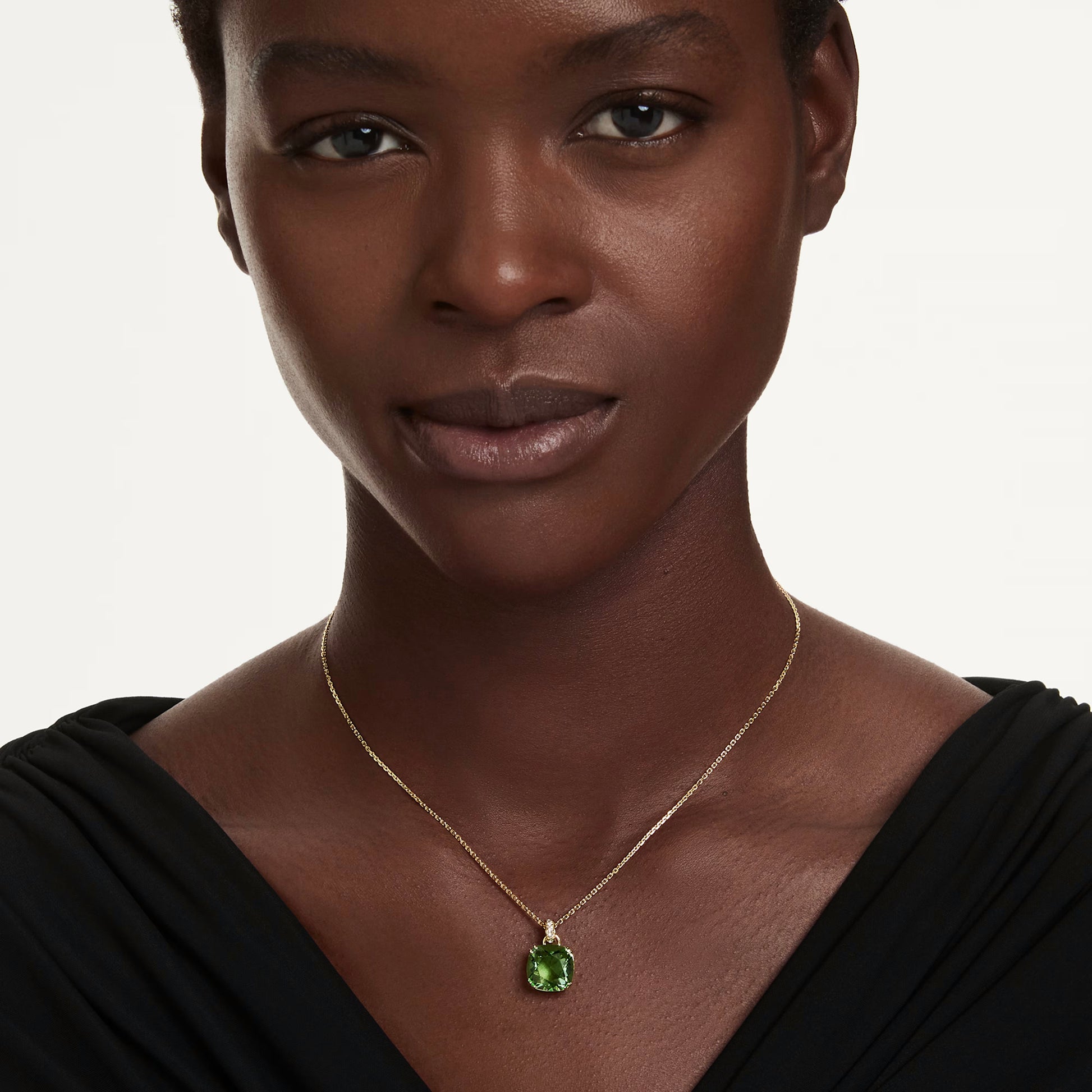 Swarovski Millenia Pendant Necklace with Cushion Cut Green Crystal in 18ct Yellow Gold Finish