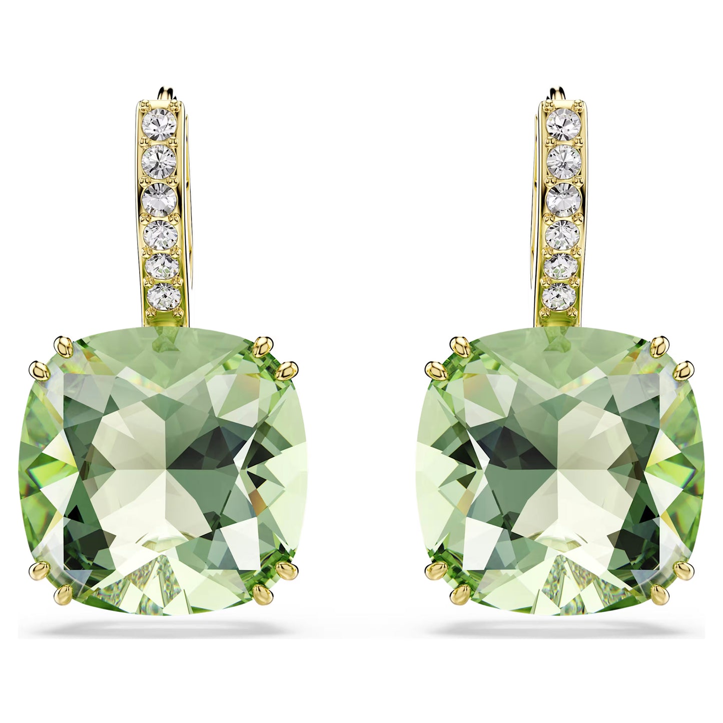Millenia Drop Earrings with Cushion Cut Green Crystal in 18ct Yellow Gold Finish