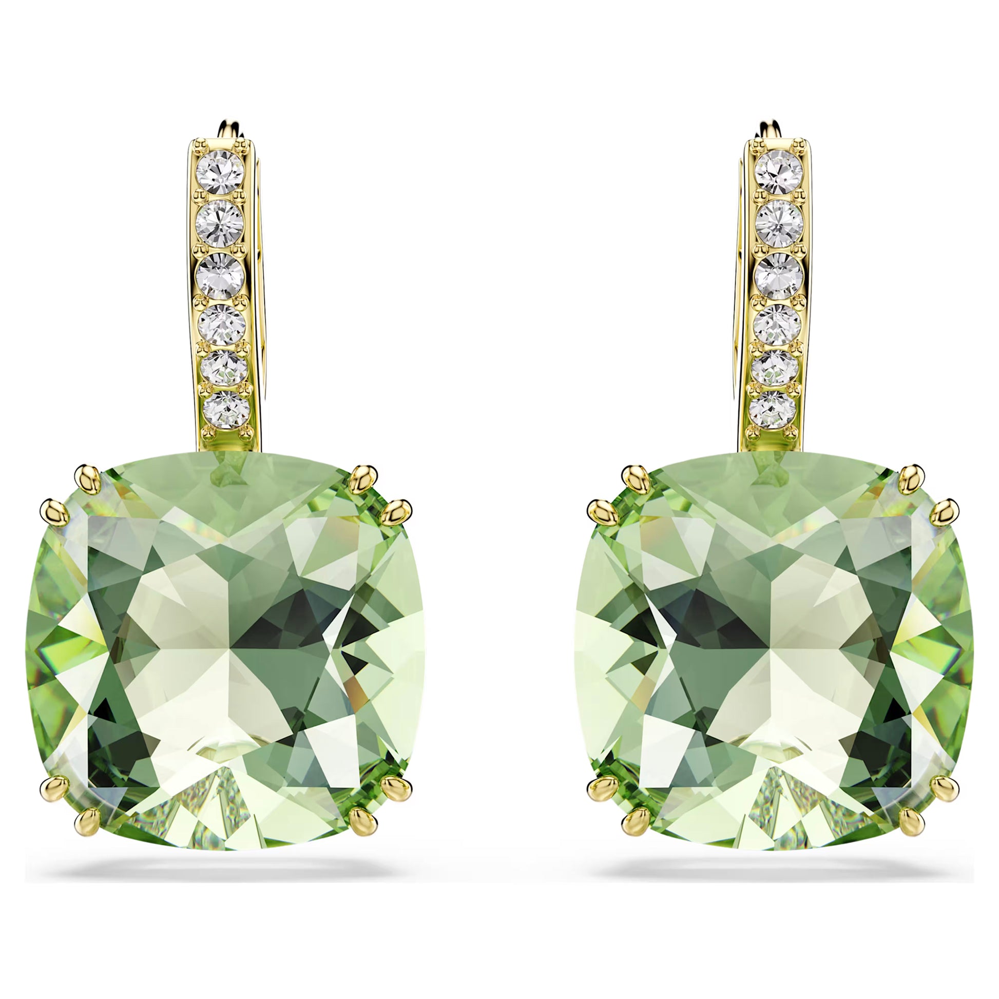 Swarovski Millenia Drop Earrings with Cushion Cut Green Crystal in 18ct Yellow Gold Finish