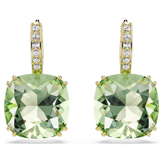 Millenia Drop Earrings with Cushion Cut Green Crystal in 18ct Yellow Gold Finish