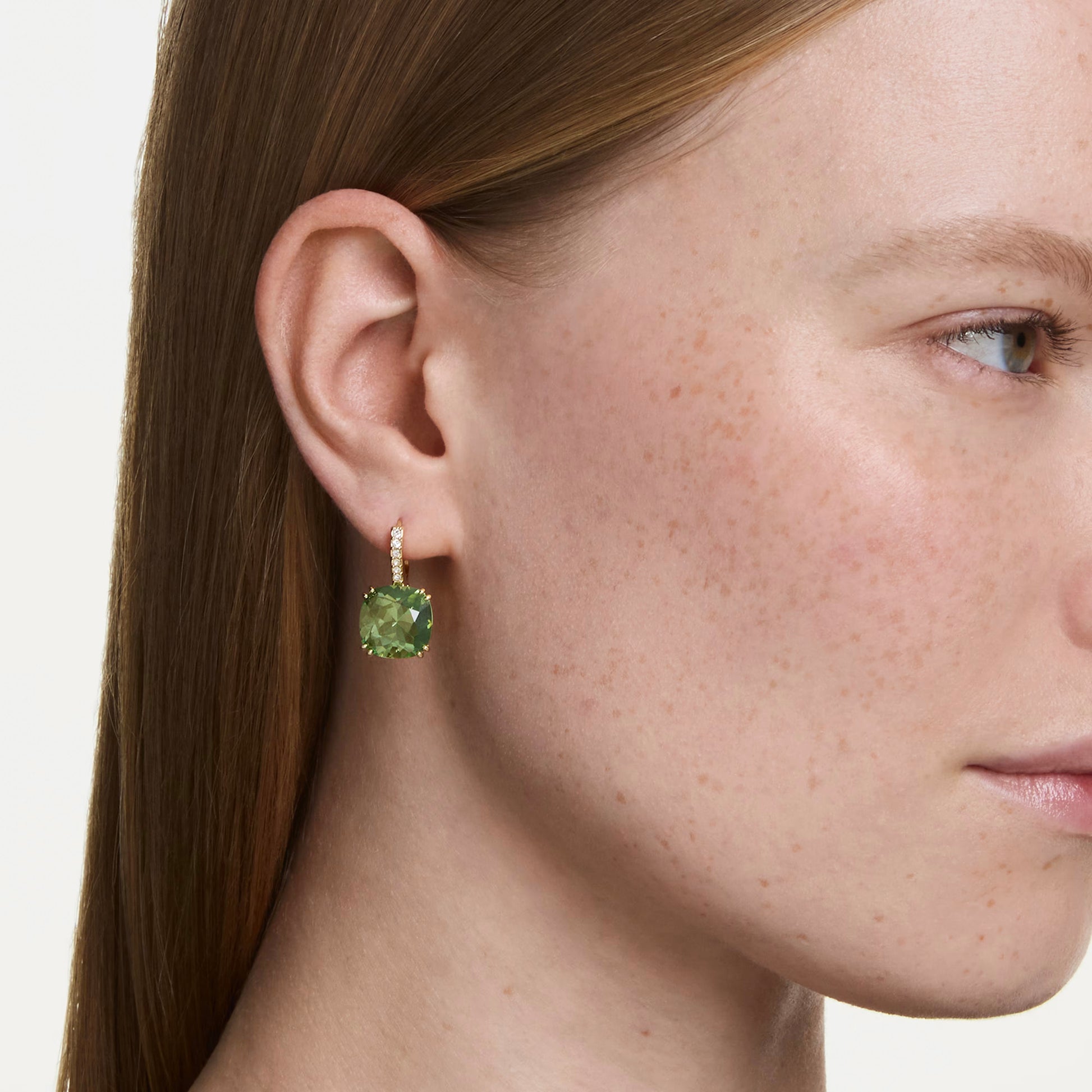 Swarovski Millenia Drop Earrings with Cushion Cut Green Crystal in 18ct Yellow Gold Finish