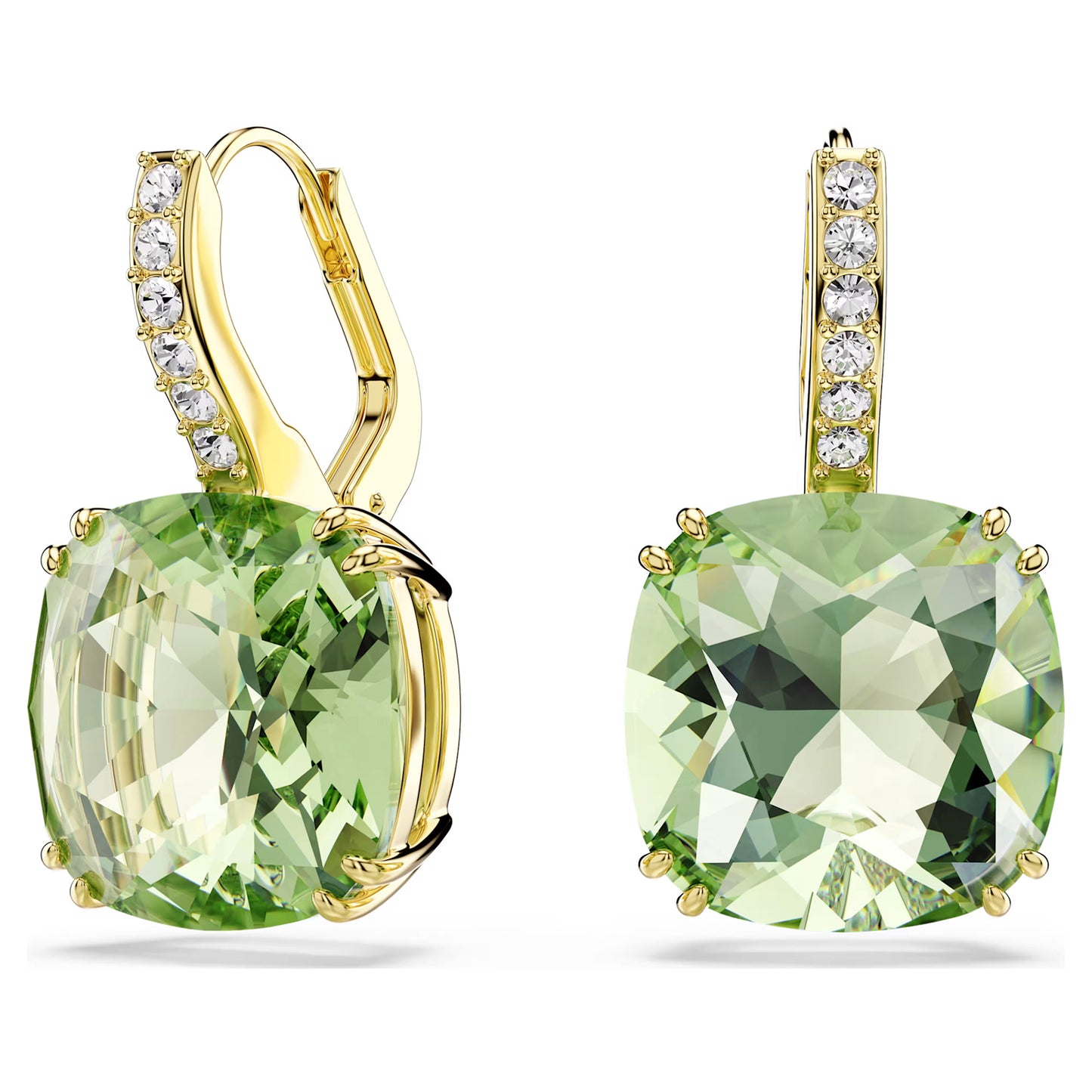 Millenia Drop Earrings with Cushion Cut Green Crystal in 18ct Yellow Gold Finish