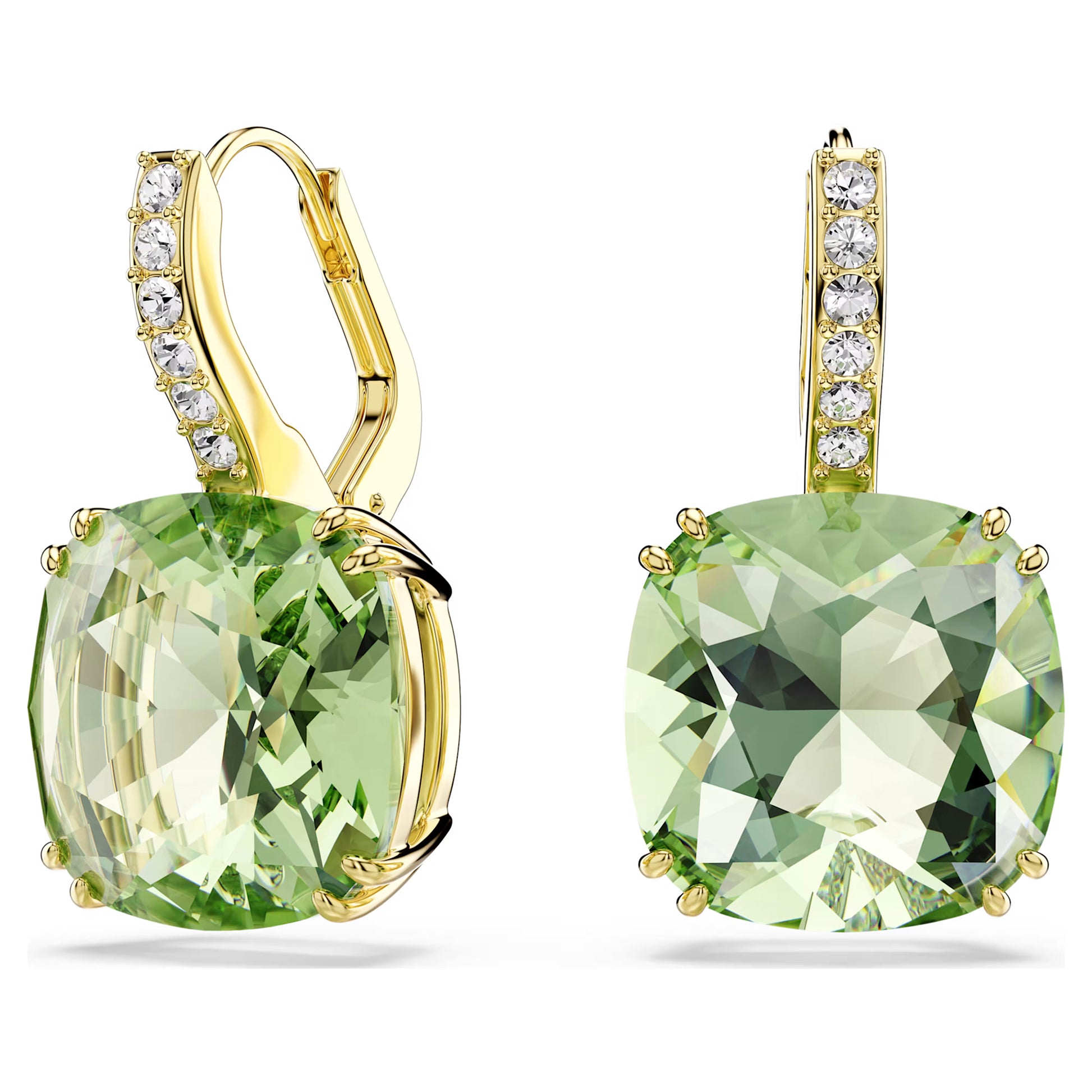 Swarovski Millenia Drop Earrings with Cushion Cut Green Crystal in 18ct Yellow Gold Finish