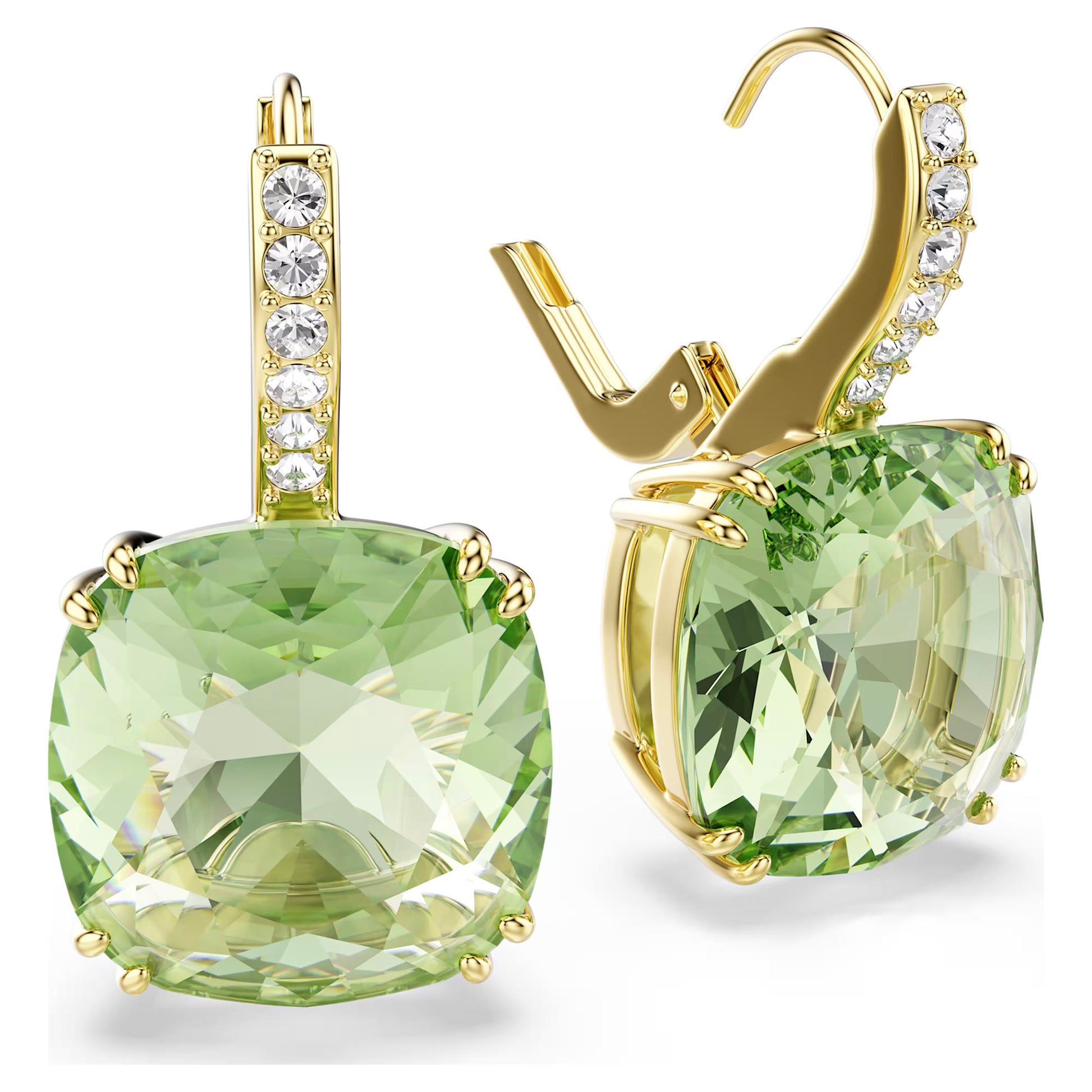 Swarovski Millenia Drop Earrings with Cushion Cut Green Crystal in 18ct Yellow Gold Finish