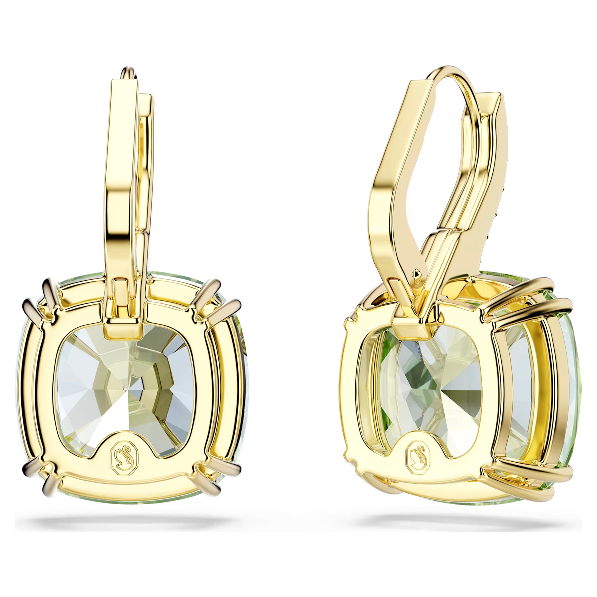 Swarovski Millenia Drop Earrings with Cushion Cut Green Crystal in 18ct Yellow Gold Finish