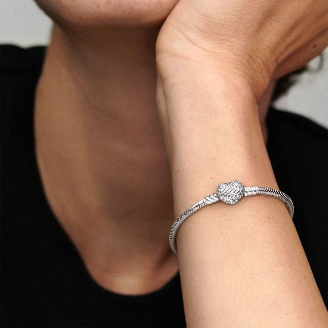 Moments Sparkling Heart Pave Clasp Snake Chain Bracelet, 16cm