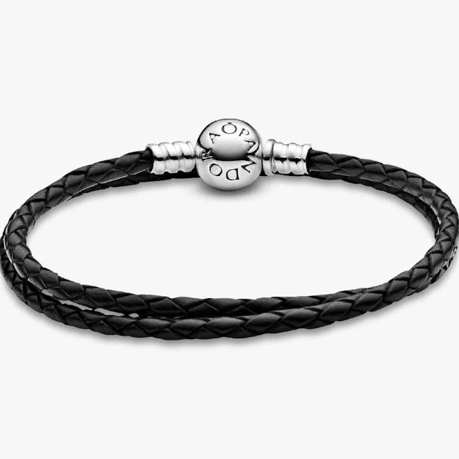 Pandora Moments Double Black Leather Bracelet, 38cm
