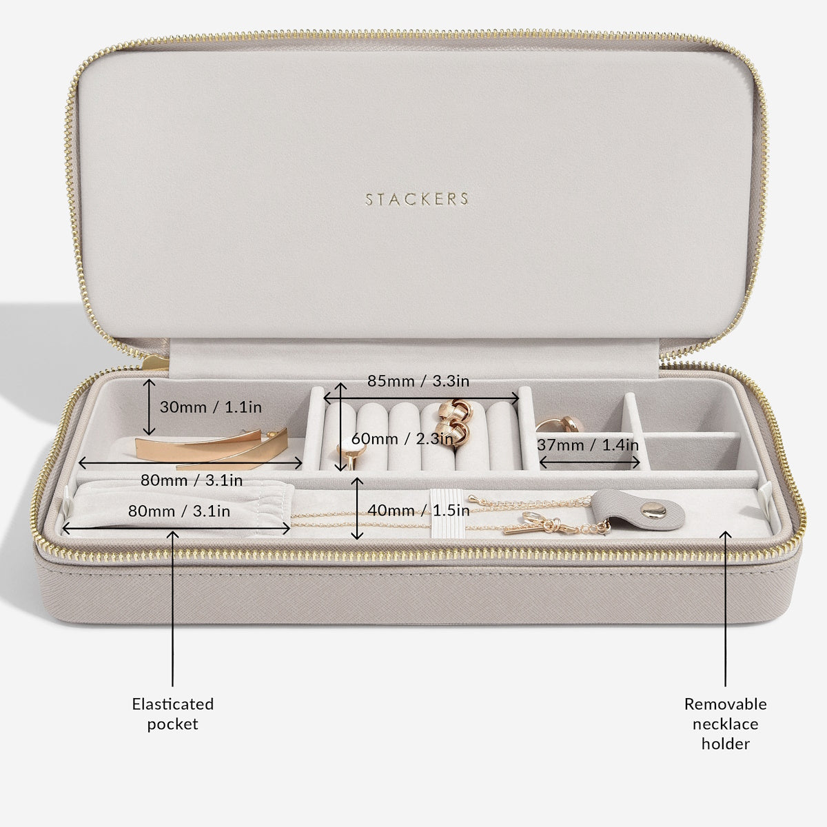 Sleek Taupe Necklace Zipped Travel Jewellery Box