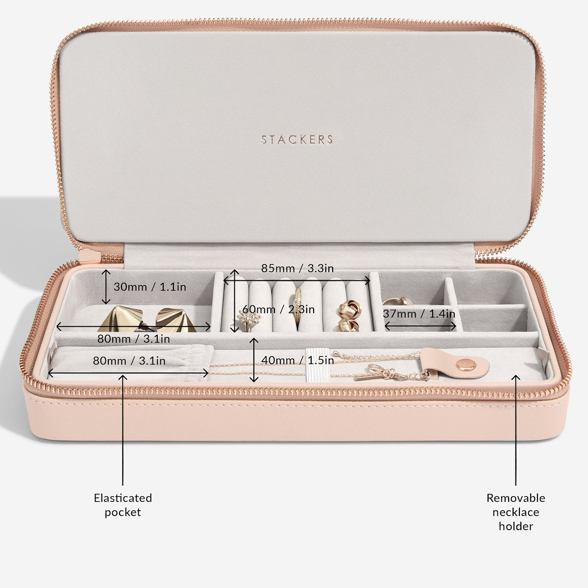 Stackers Sleek Blush Pink Necklace Zipped Travel Jewellery Box