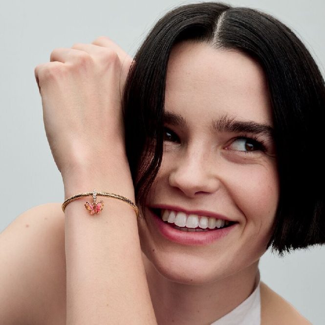 Rose Pink & Yellow Murano Glass Butterfly Dangle Charms