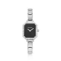 Time Paris Rectangle Black Dial & Silver Charm Bracelet Watch with CZ