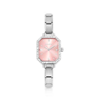 Time Paris Rectangle Pink Dial & Silver Charm Bracelet Watch with CZ
