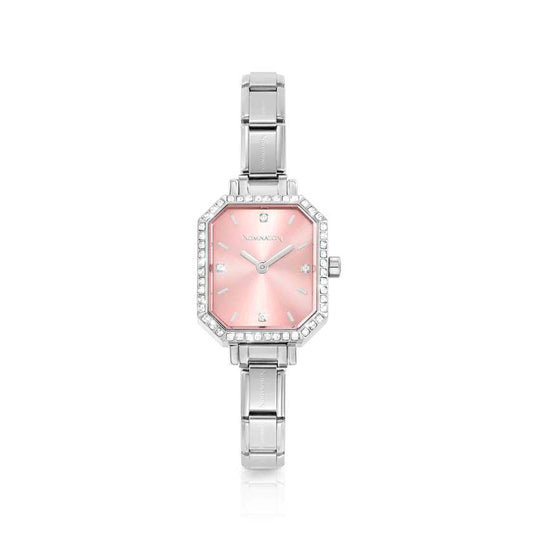 Time Paris Rectangle Pink Dial & Silver Charm Bracelet Watch with CZ