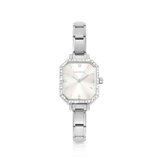 Time Paris Rectangle Silver Dial & Silver Charm Bracelet Watch with CZ
