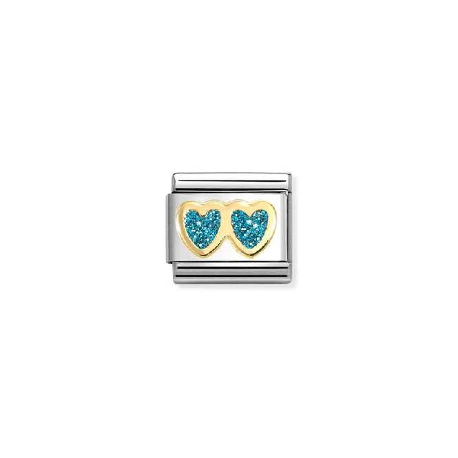 Classic Gold and Enamel Glitter Double Heart Light Blue Love & Hearts Charms