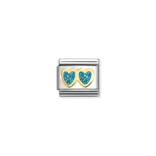 Classic Gold and Enamel Glitter Double Heart Light Blue Love & Hearts Charms