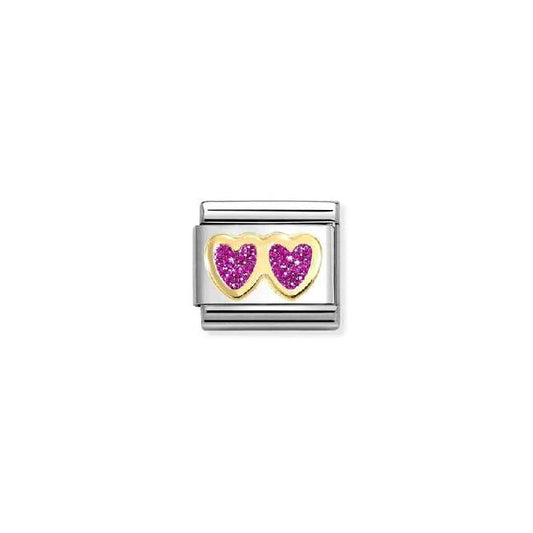 Nomination Classic Gold and Enamel Glitter Fuchsia Double Heart Love & Hearts Charm
