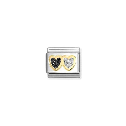 Classic Gold and Enamel Glitter Double Heart Black And Silver Love & Hearts Charms