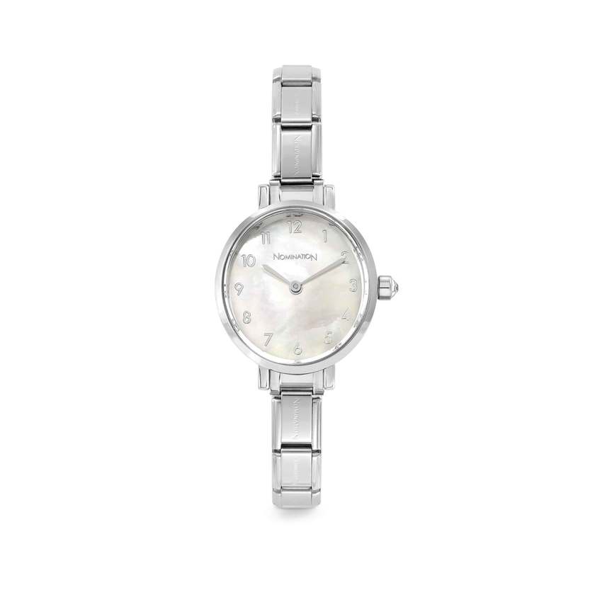 Time Paris Oval White Mother of Pearl Dial & Silver Charm Bracelet Watch with CZ