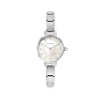 Time Paris Oval White Mother of Pearl Dial & Silver Charm Bracelet Watch with CZ