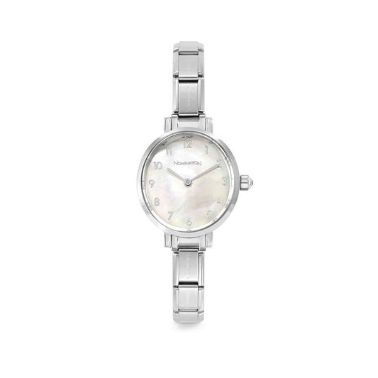 Time Paris Oval White Mother of Pearl Dial & Silver Charm Bracelet Watch with CZ