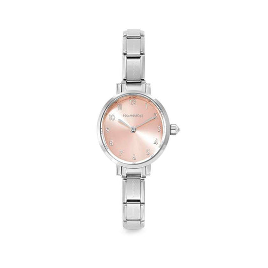 Time Paris Oval Pink Sunray Dial & Silver Charm Bracelet Watch with CZ